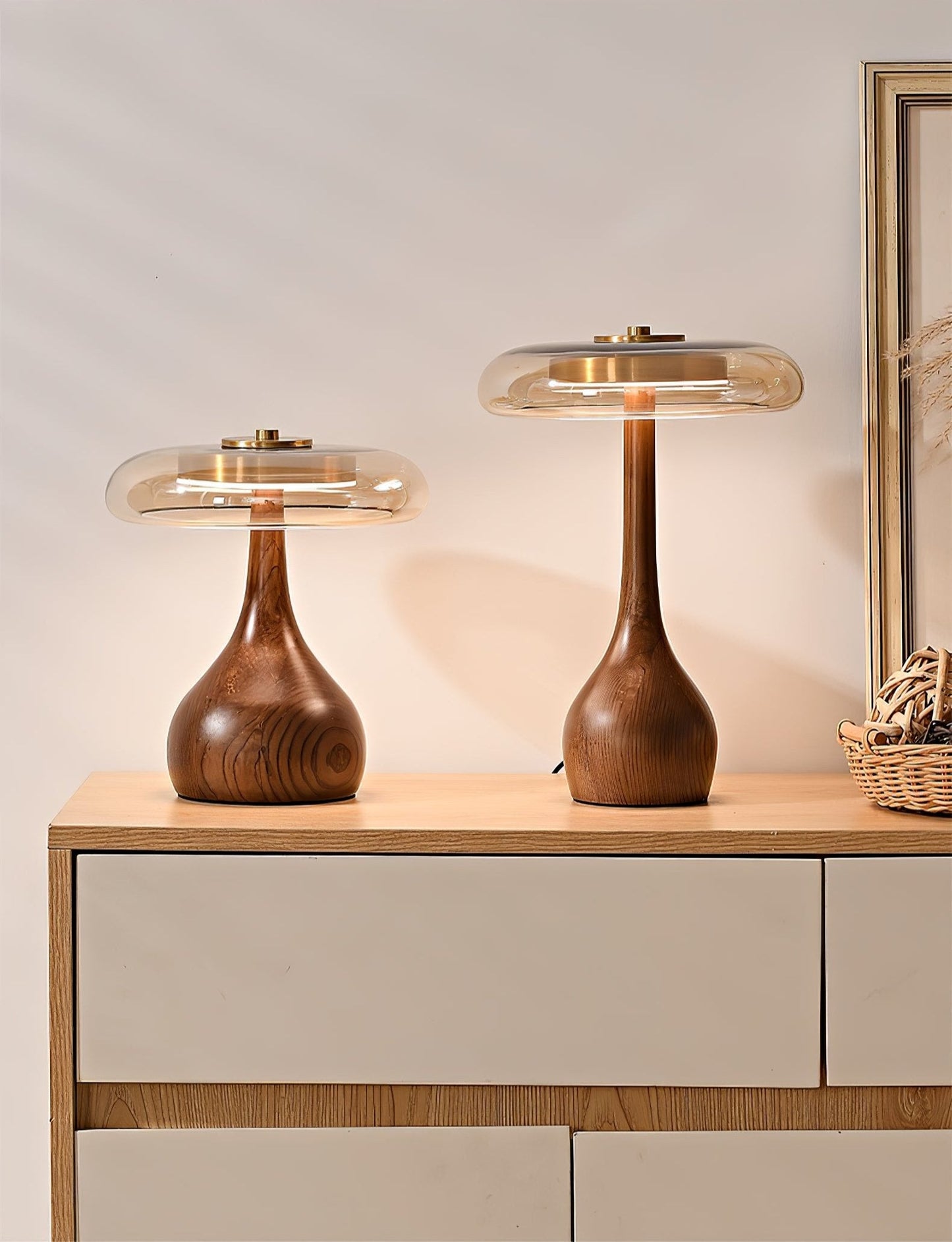 Sienna Table Lamp | Wooden Base & Amber Glass Shade | Three-Color LED