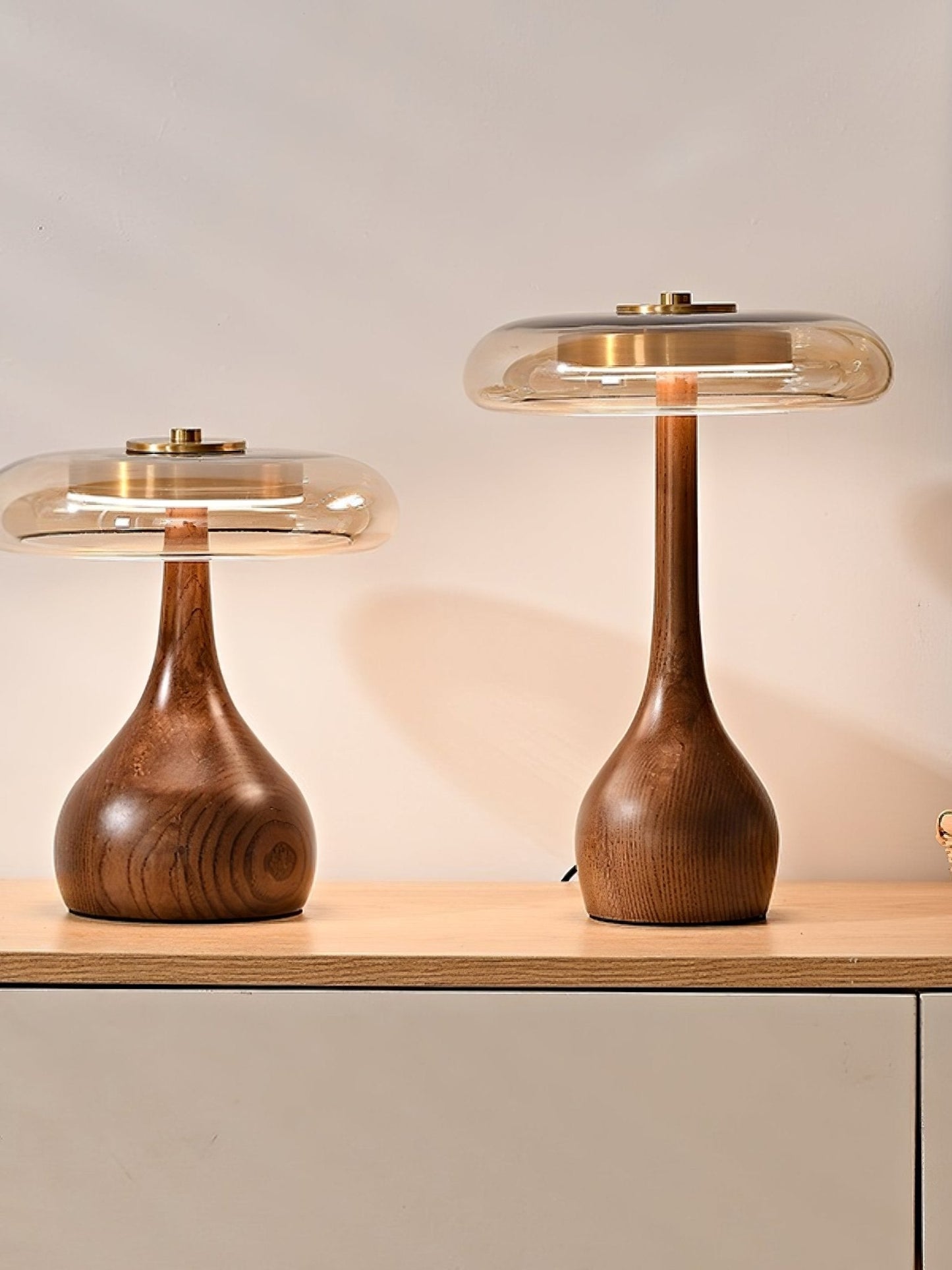 Sienna Table Lamp | Wooden Base & Amber Glass Shade | Three-Color LED
