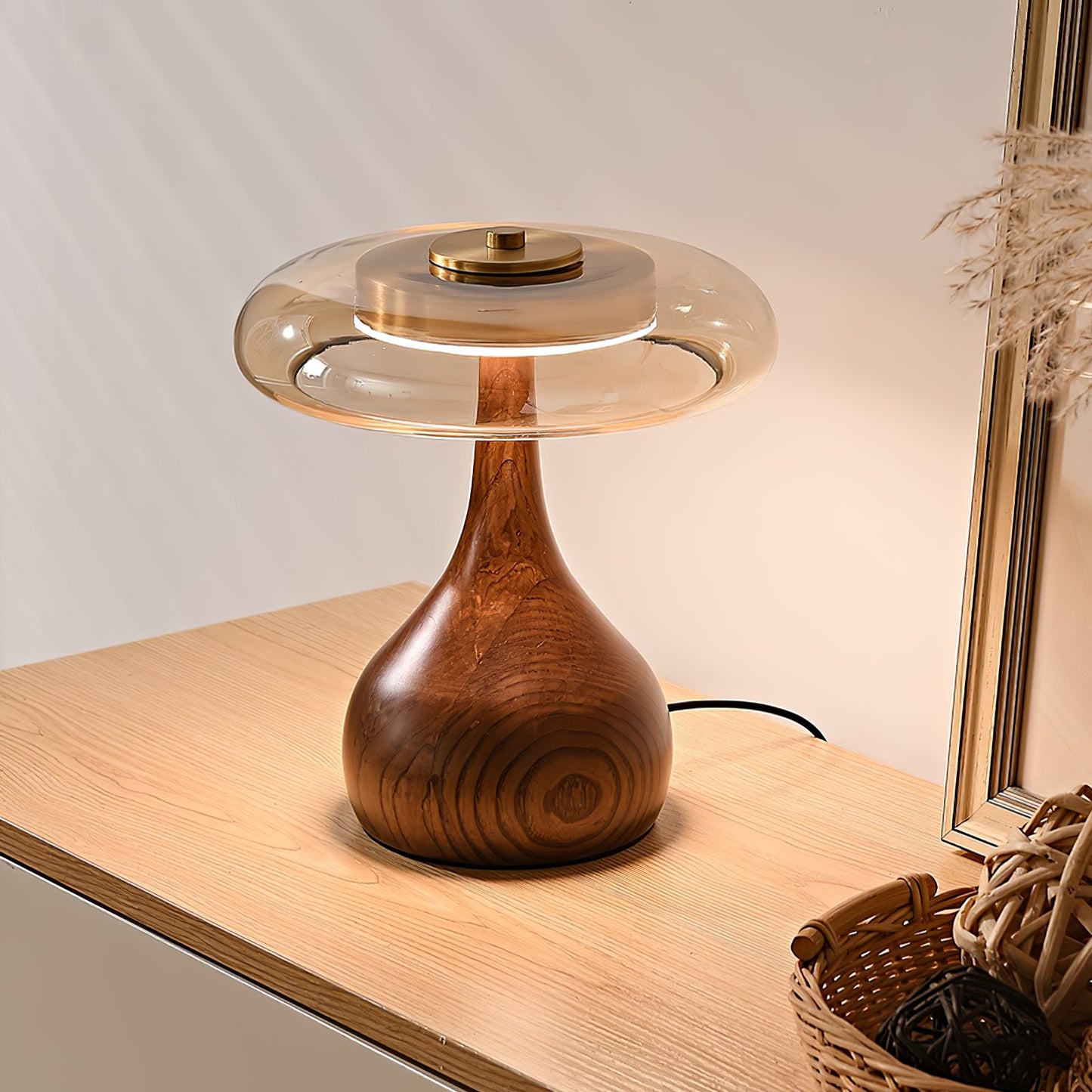 Sienna Table Lamp | Wooden Base & Amber Glass Shade | Three-Color LED