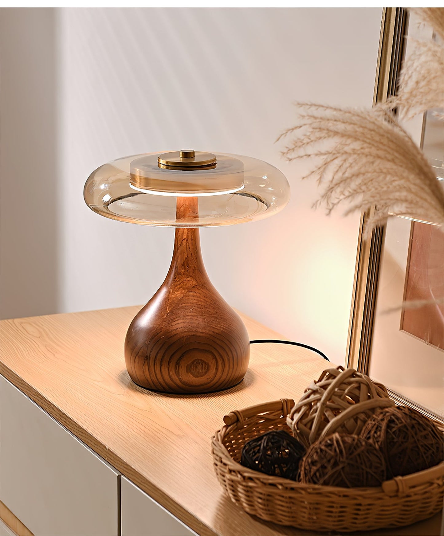 Sienna Table Lamp | Wooden Base & Amber Glass Shade | Three-Color LED
