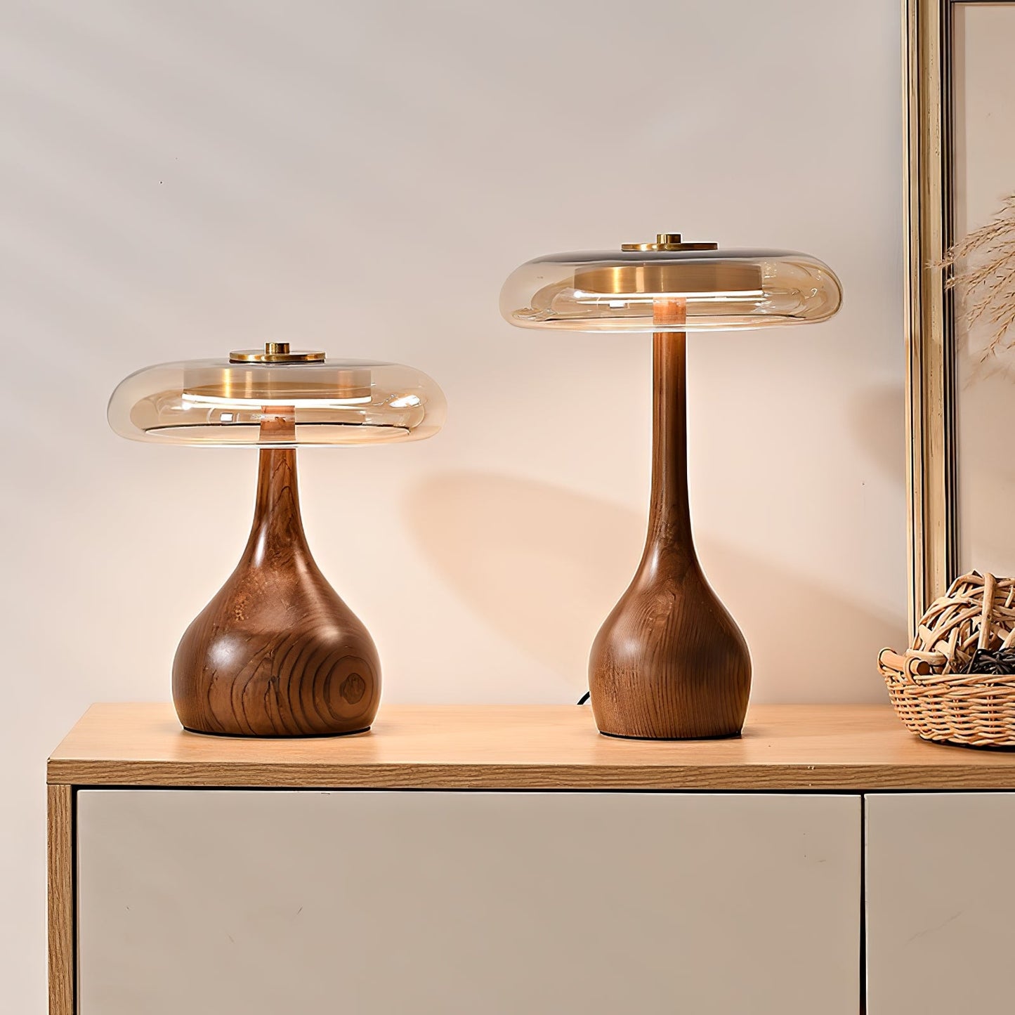Sienna Table Lamp | Wooden Base & Amber Glass Shade | Three-Color LED