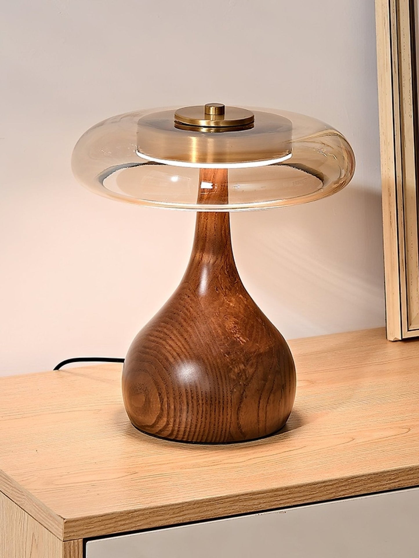 Sienna Table Lamp | Wooden Base & Amber Glass Shade | Three-Color LED