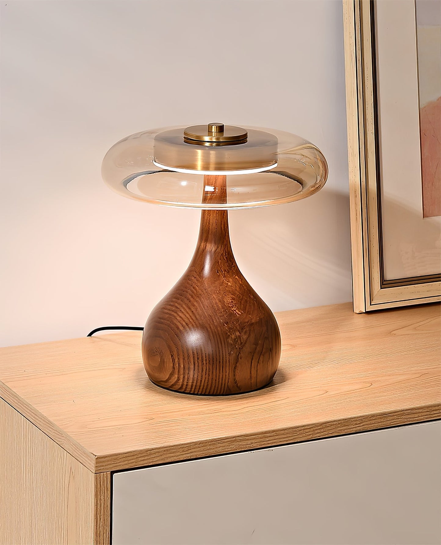 Sienna Table Lamp | Wooden Base & Amber Glass Shade | Three-Color LED
