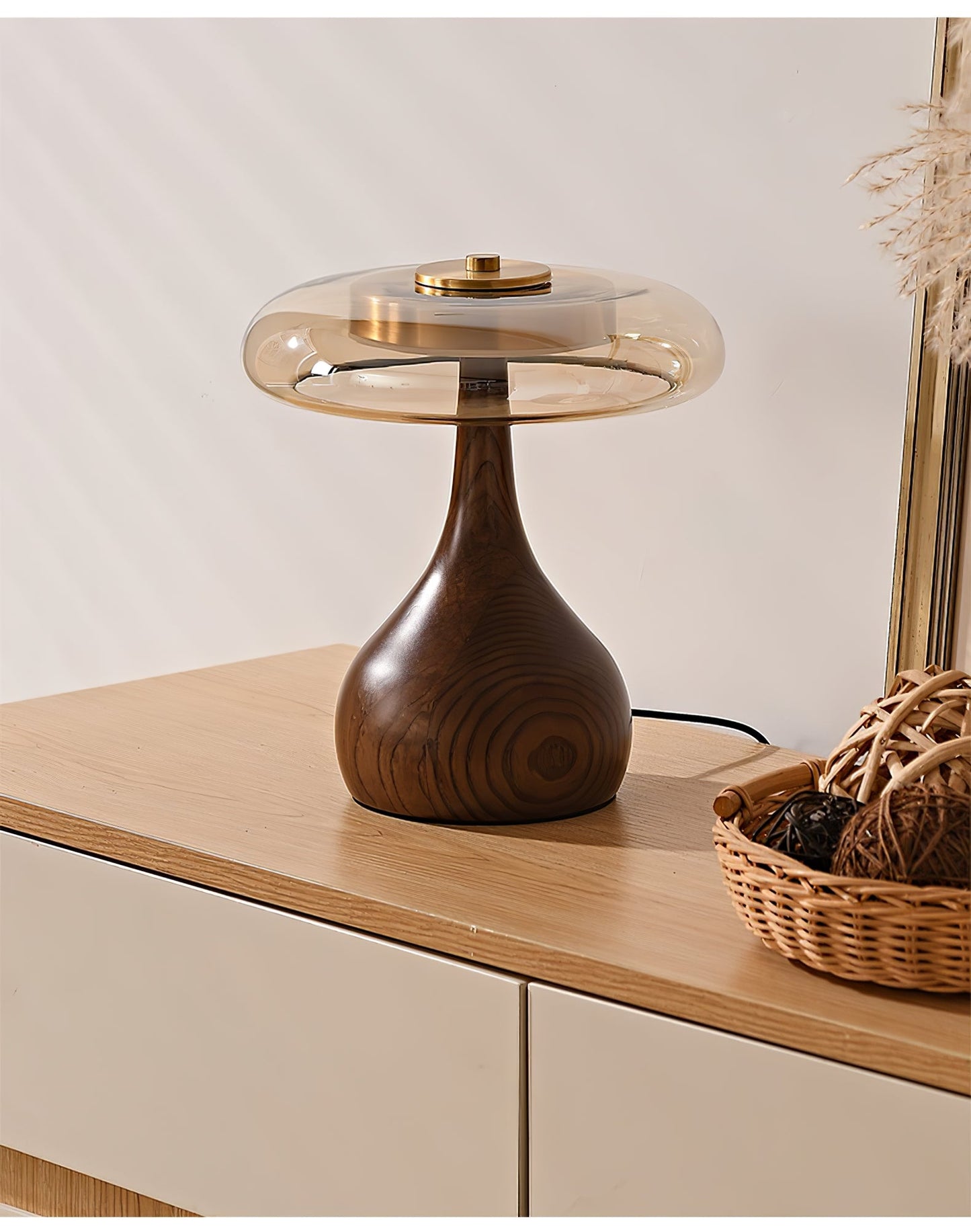 Sienna Table Lamp | Wooden Base & Amber Glass Shade | Three-Color LED