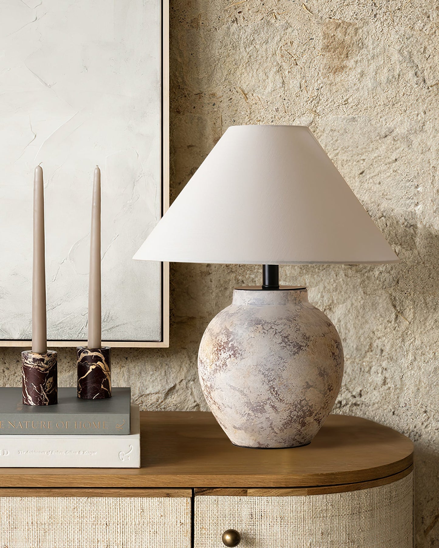 Terracotta Table Lamp | Weathered Ceramic with Beige Shade | 40cm Diameter