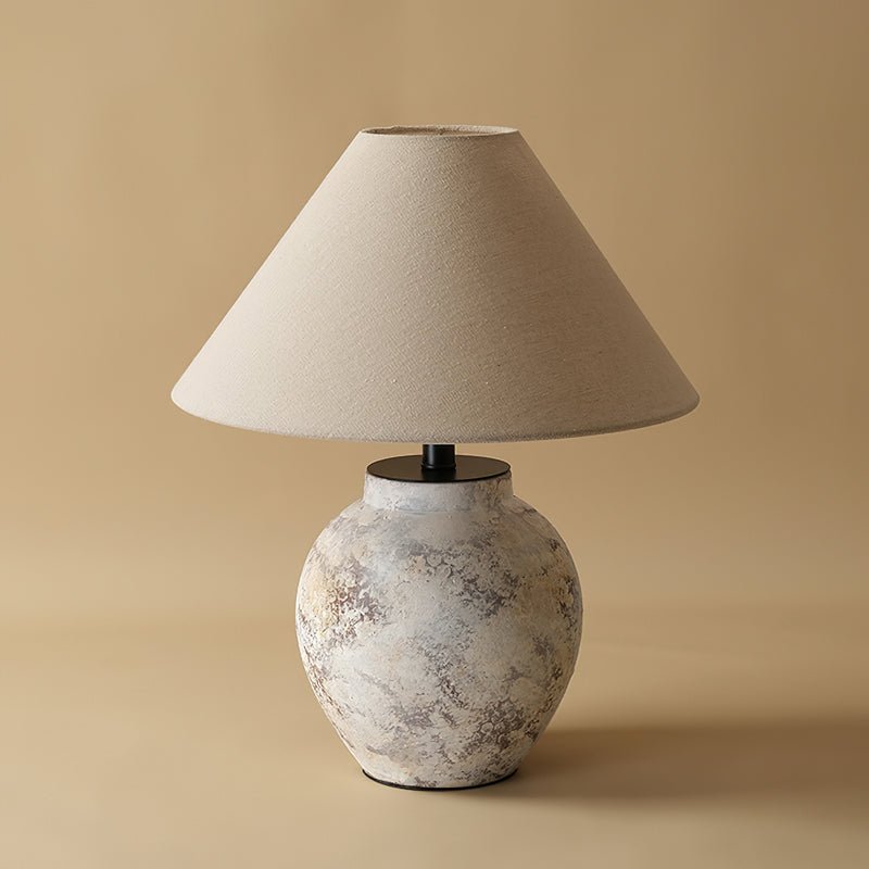 Terracotta Table Lamp | Weathered Ceramic with Beige Shade | 40cm Diameter