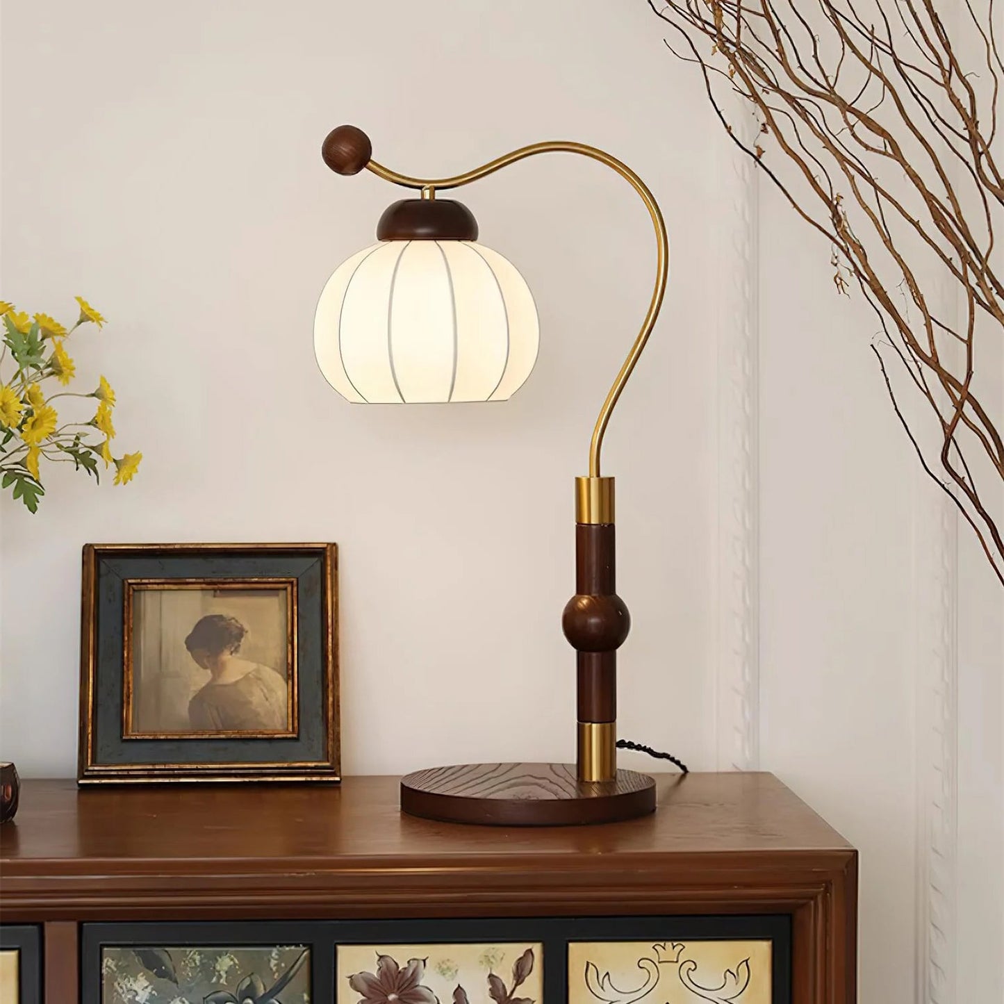 Silk Globe Table Lamp | Walnut Wood & Metal | 20cm Diameter