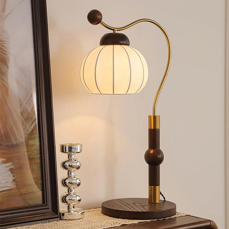 Silk Globe Table Lamp | Walnut Wood & Metal | 20cm Diameter