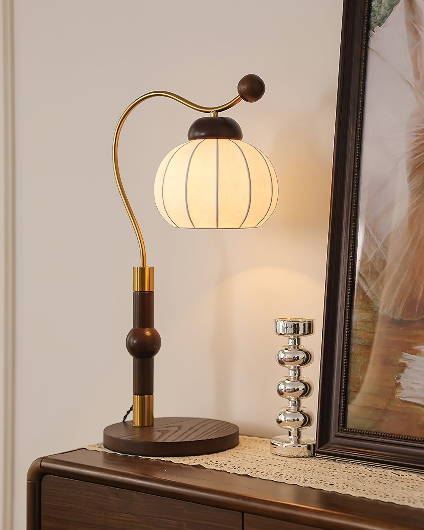 Silk Globe Table Lamp | Walnut Wood & Metal | 20cm Diameter