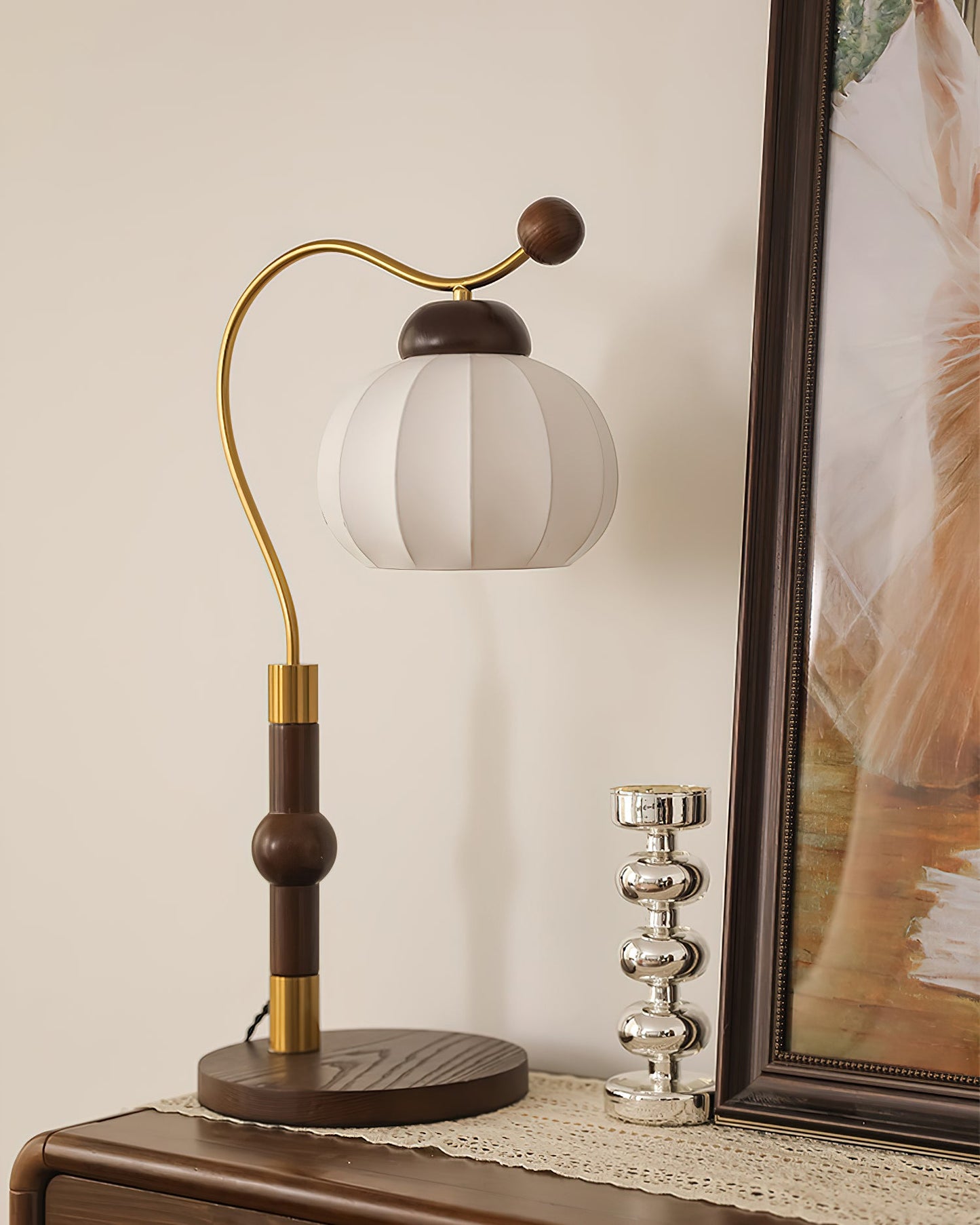 Silk Globe Table Lamp | Walnut Wood & Metal | 20cm Diameter