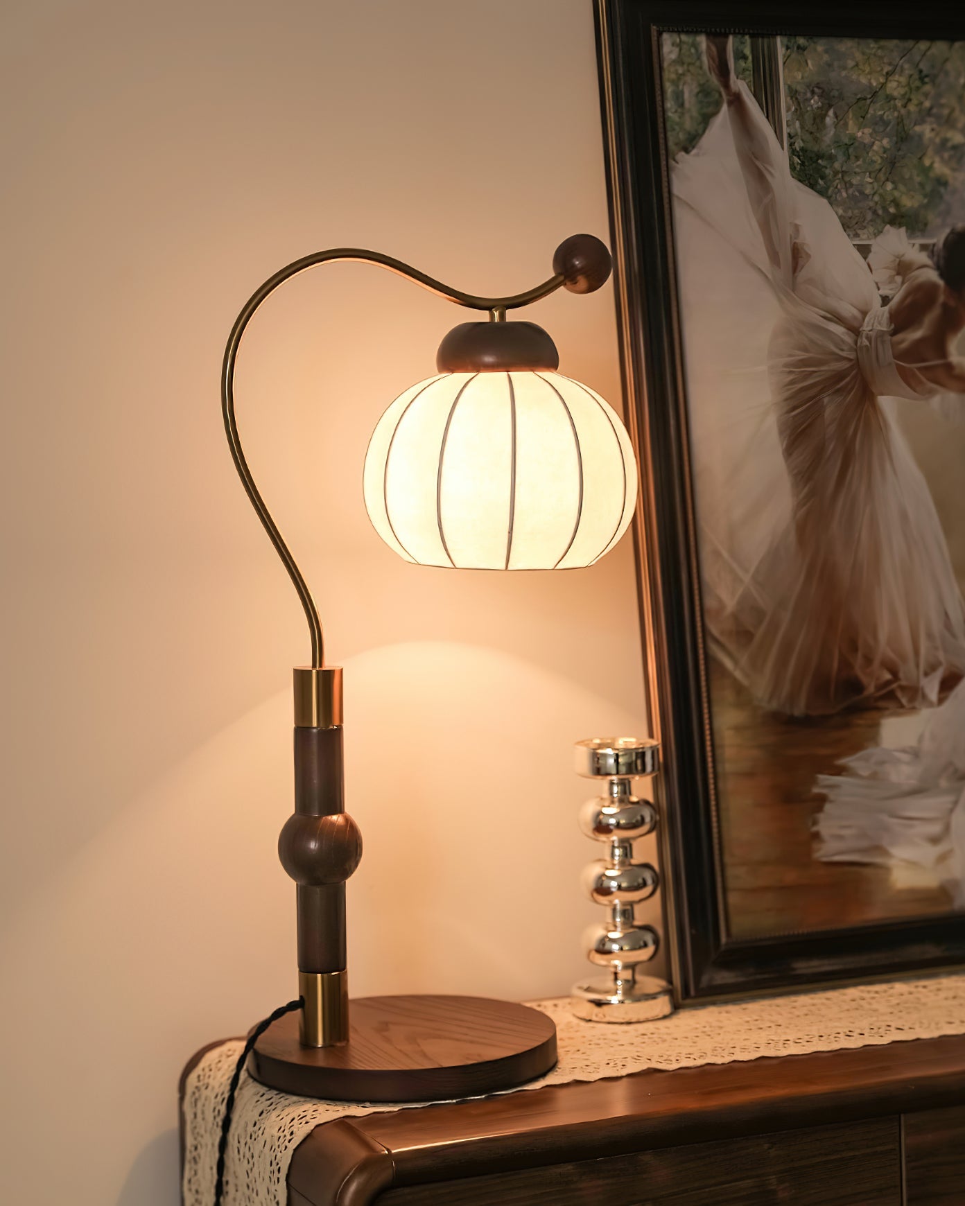 Silk Globe Table Lamp | Walnut Wood & Metal | 20cm Diameter