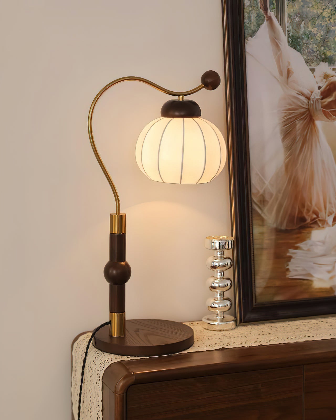 Silk Globe Table Lamp | Walnut Wood & Metal | 20cm Diameter
