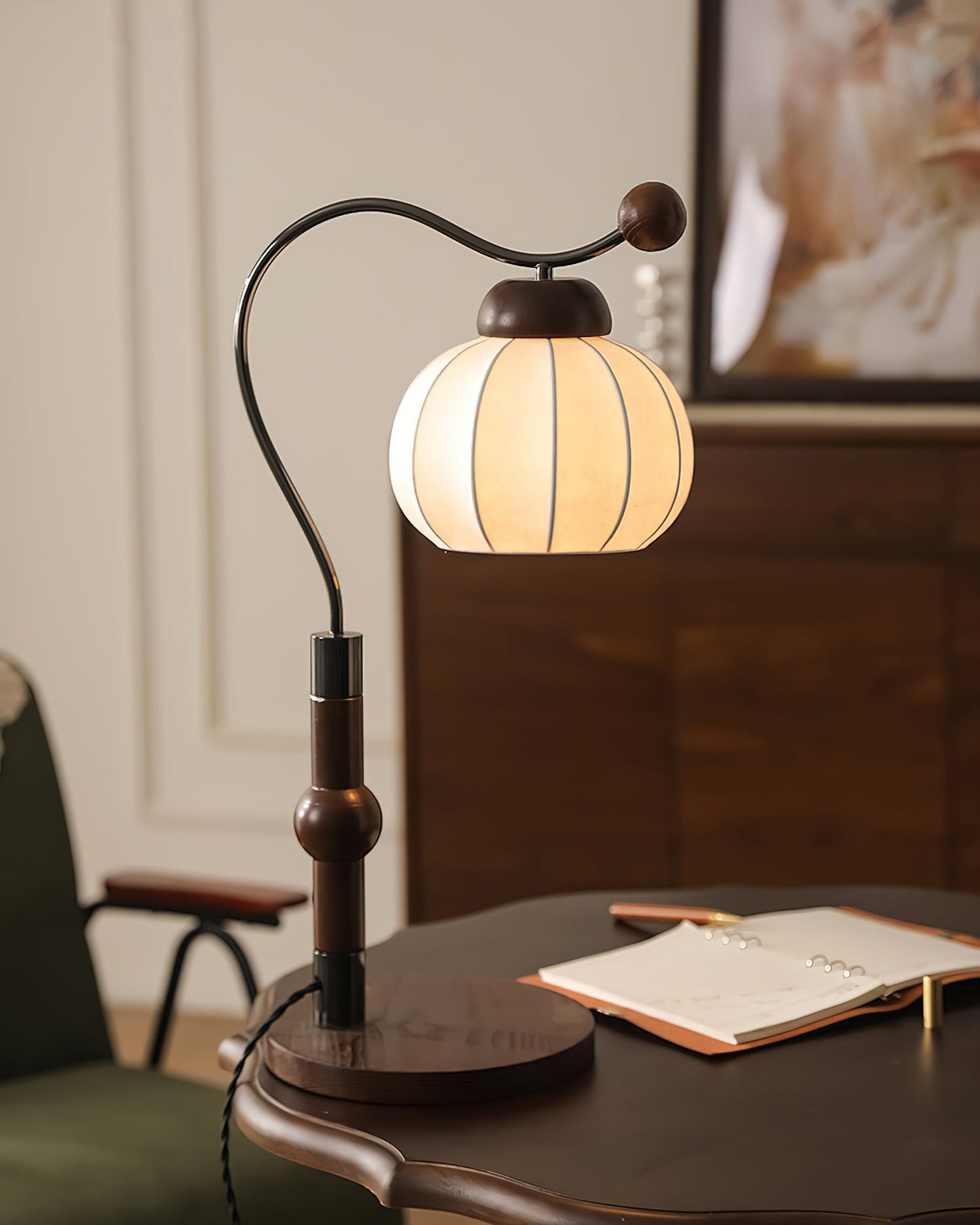 Silk Globe Table Lamp | Walnut Wood & Metal | 20cm Diameter