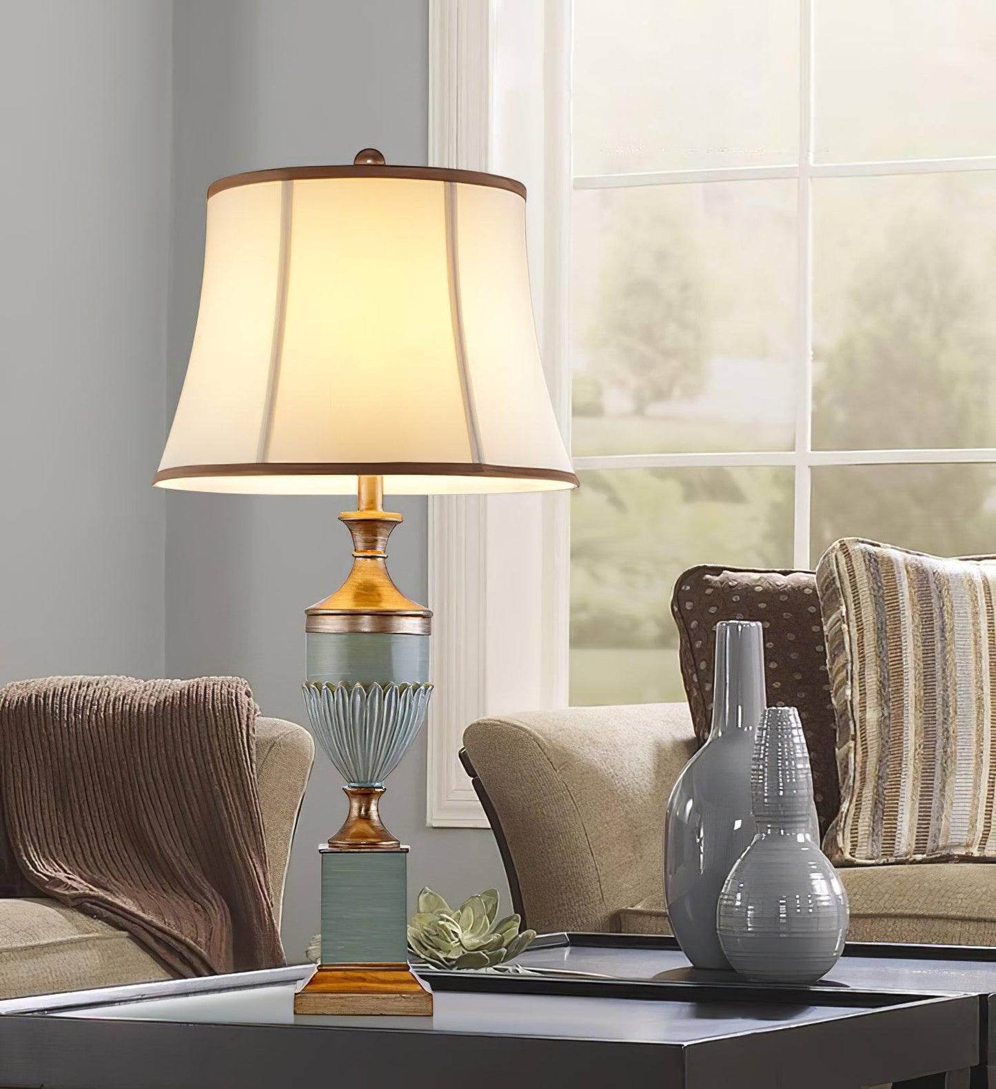 Art Deco Table Lamp | Chiseled Resin Base | Green and Gold Finish