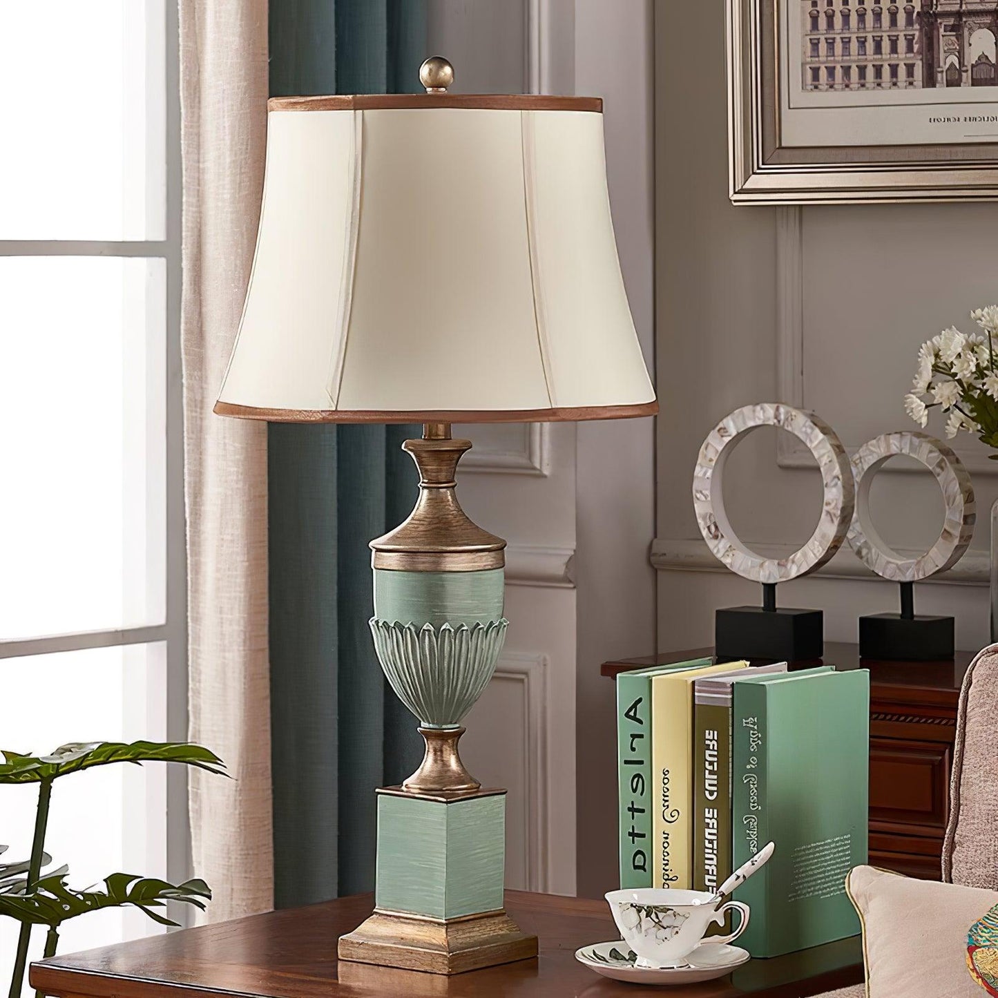 Art Deco Table Lamp | Chiseled Resin Base | Green and Gold Finish