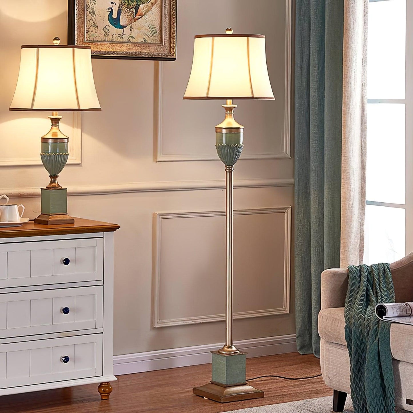 Art Deco Table Lamp | Chiseled Resin Base | Green and Gold Finish