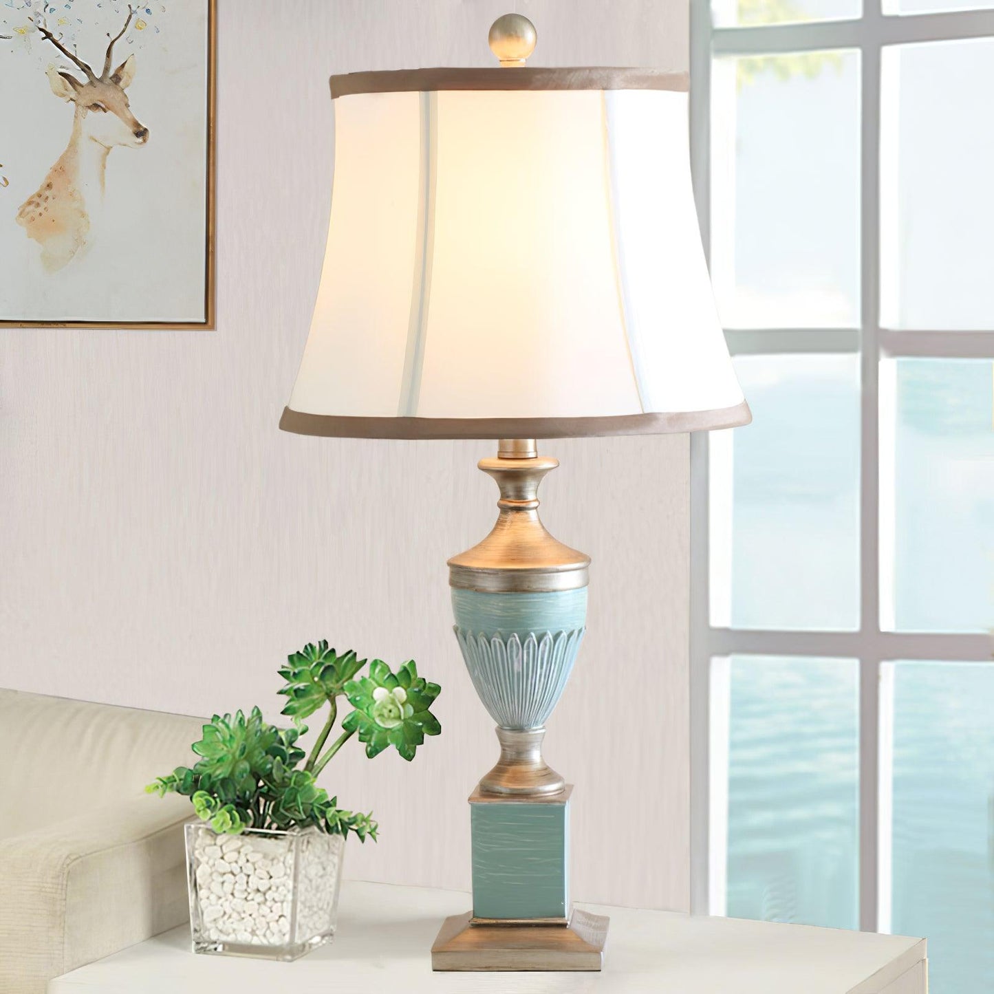 Art Deco Table Lamp | Chiseled Resin Base | Green and Gold Finish