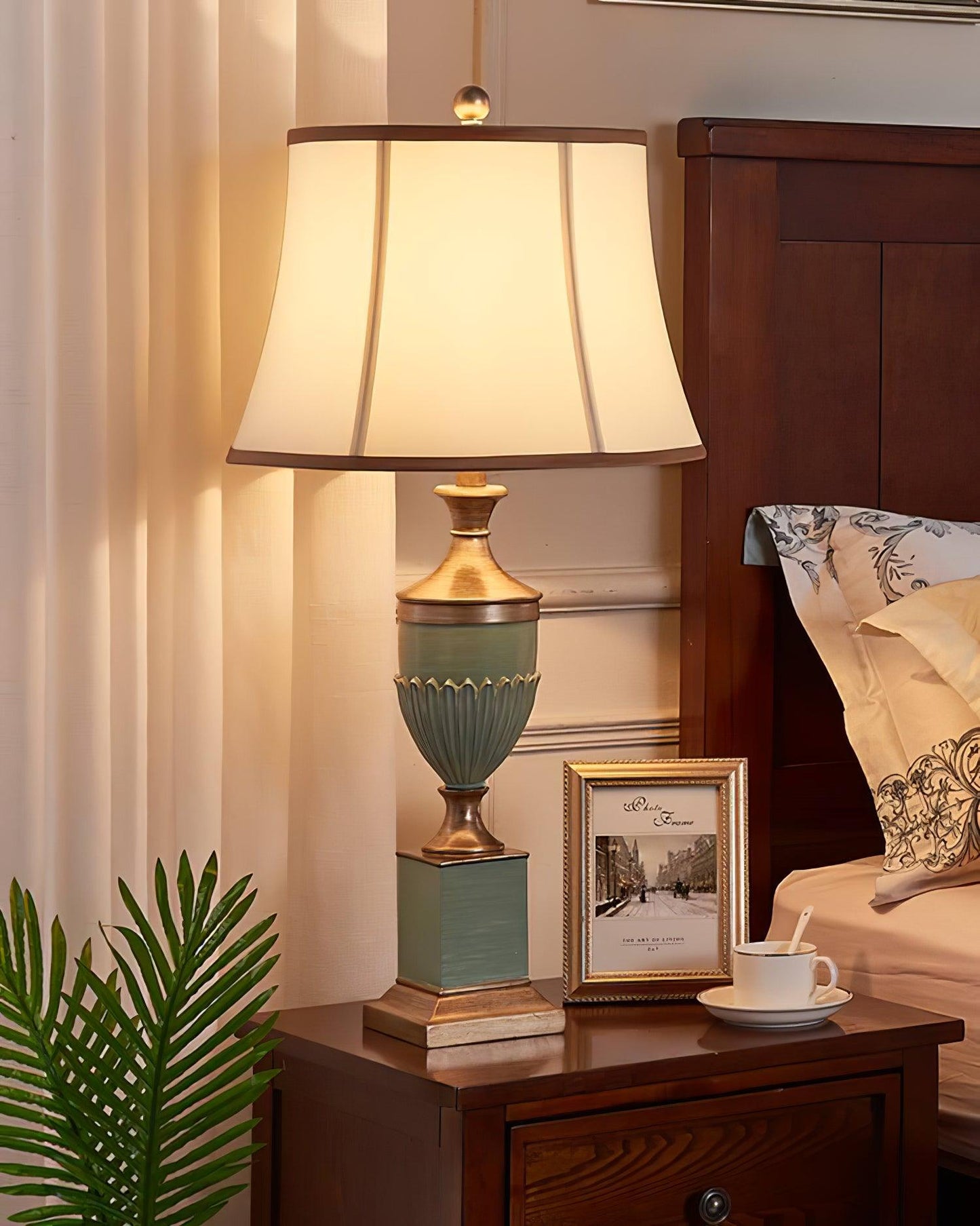 Art Deco Table Lamp | Chiseled Resin Base | Green and Gold Finish