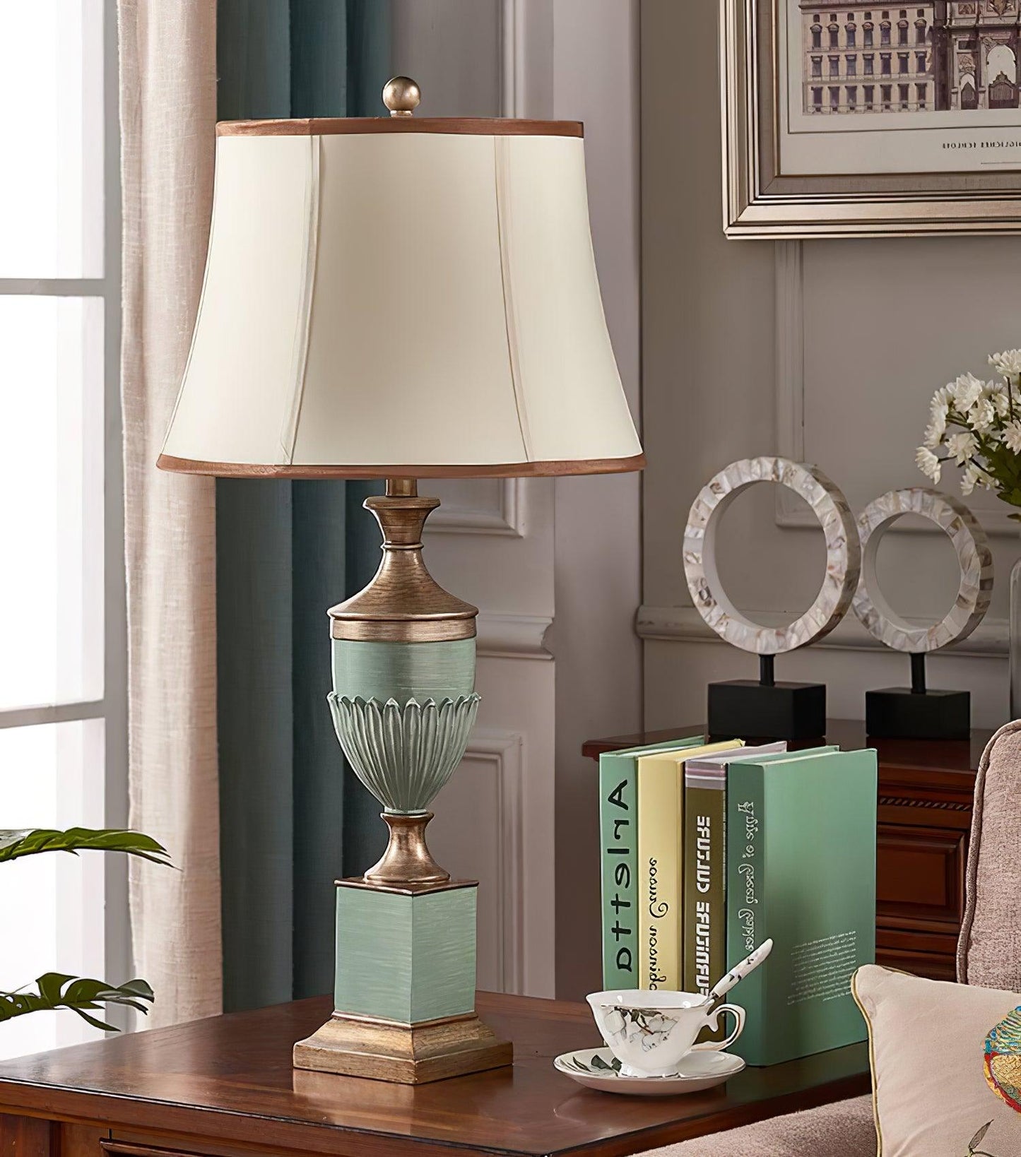 Art Deco Table Lamp | Chiseled Resin Base | Green and Gold Finish