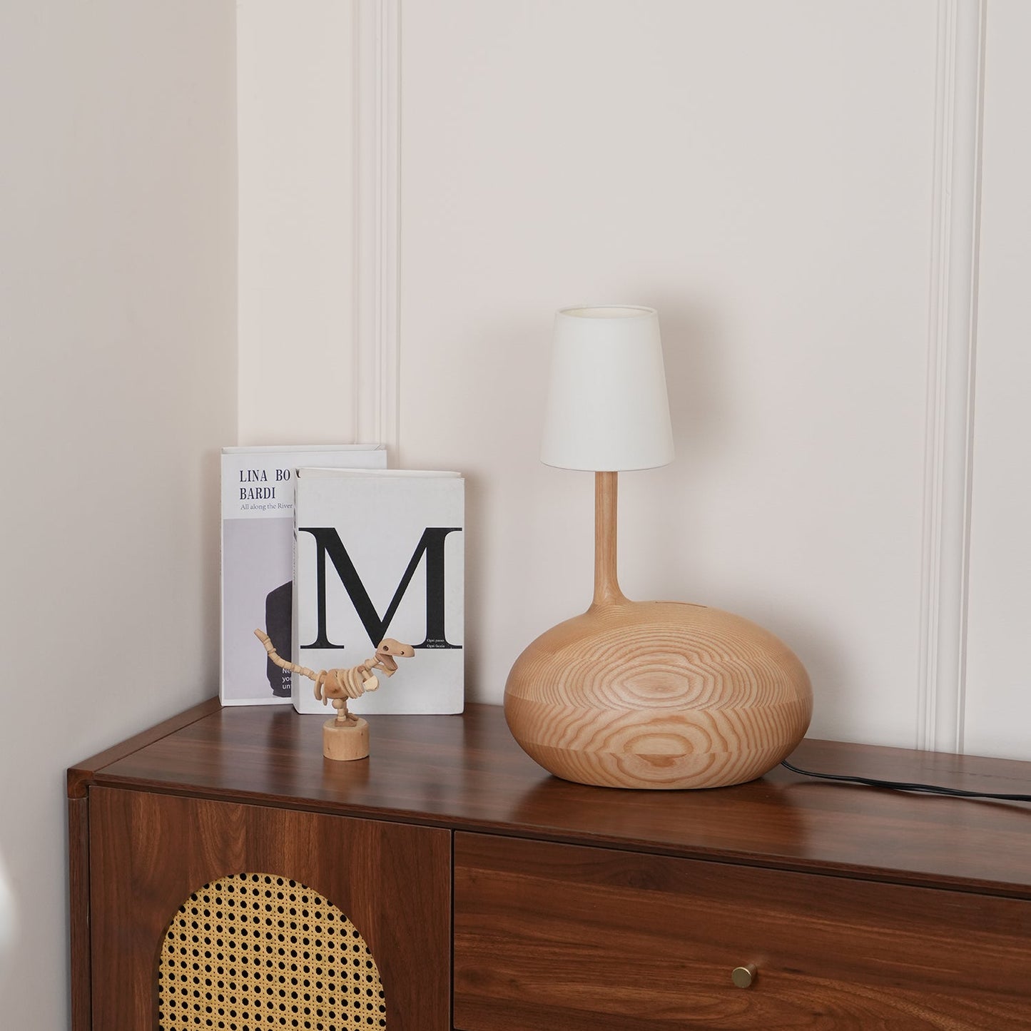 Snail Table Lamp | Wooden Base with White Shade | 30cm Diameter