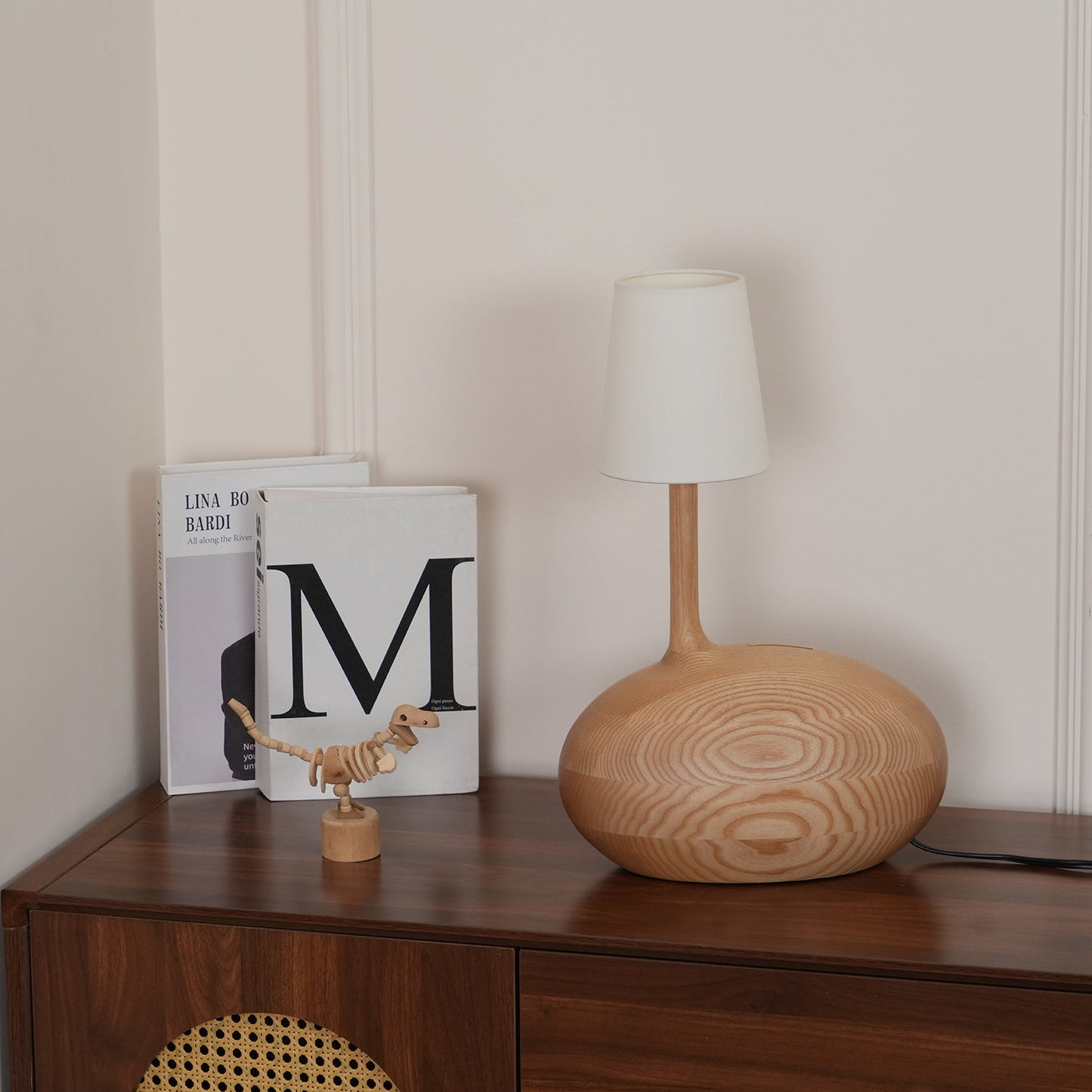 Snail Table Lamp | Wooden Base with White Shade | 30cm Diameter