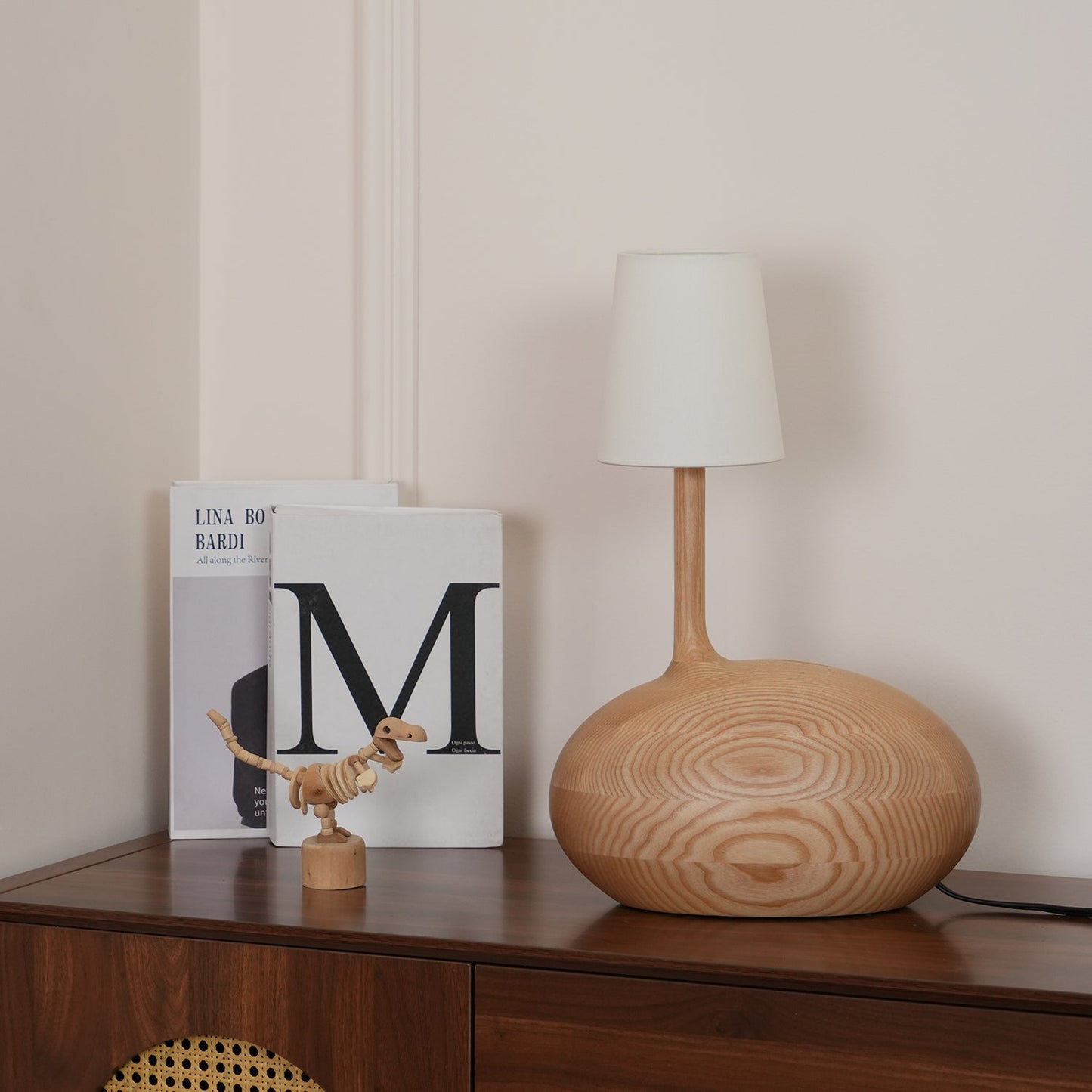 Snail Table Lamp | Wooden Base with White Shade | 30cm Diameter