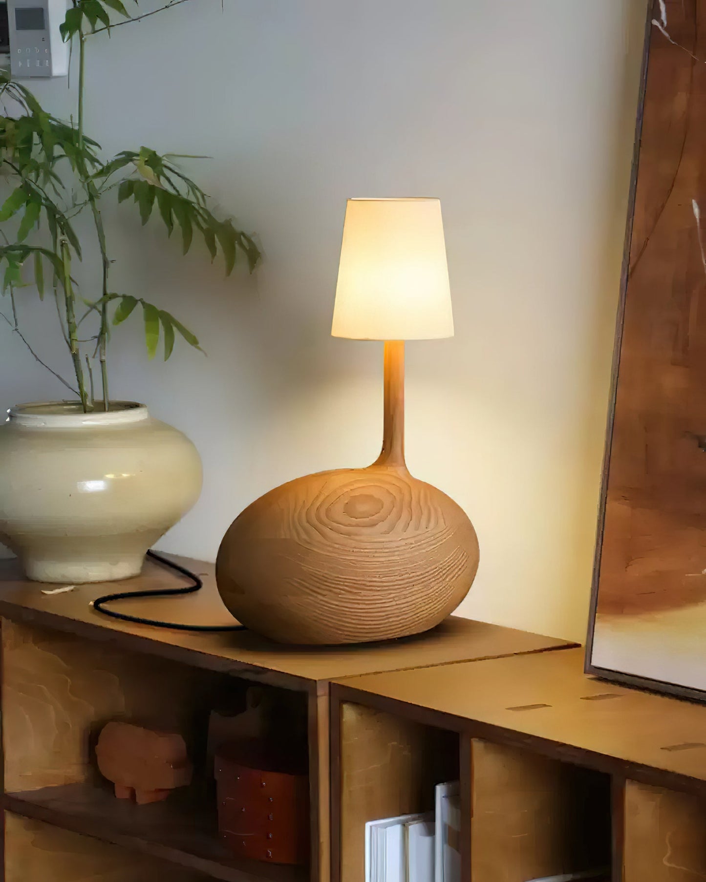Snail Table Lamp | Wooden Base with White Shade | 30cm Diameter
