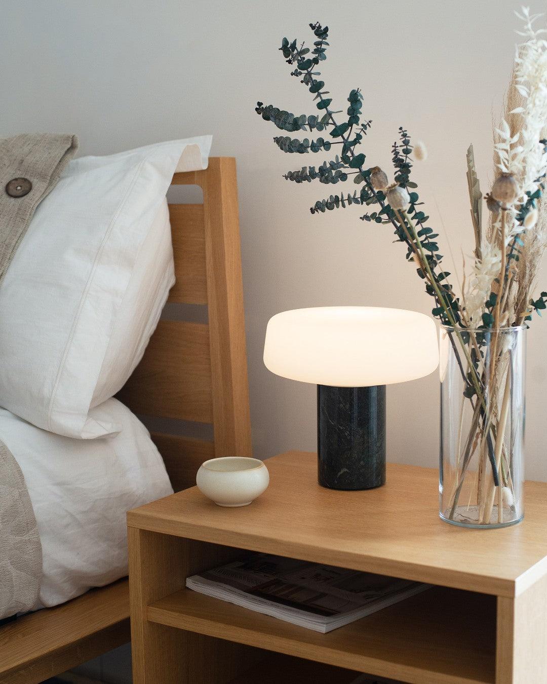 Table Lamp | Hand-Blown Glass Shade | White or Green Marble Base