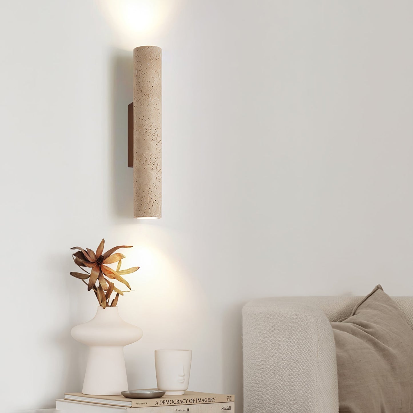 Solis Wall Lamp | Yellow Travertine & Walnut Wood | 32cm Height