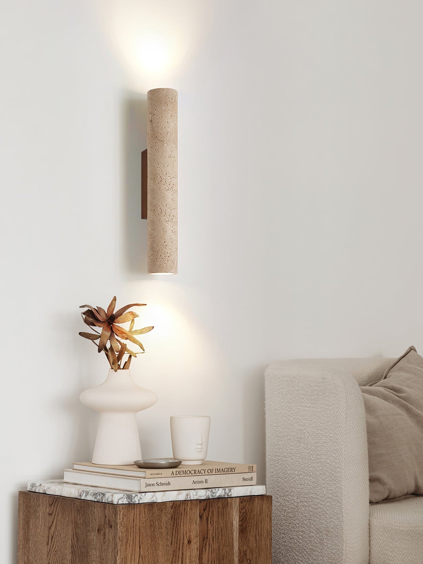Solis Wall Lamp | Yellow Travertine & Walnut Wood | 32cm Height