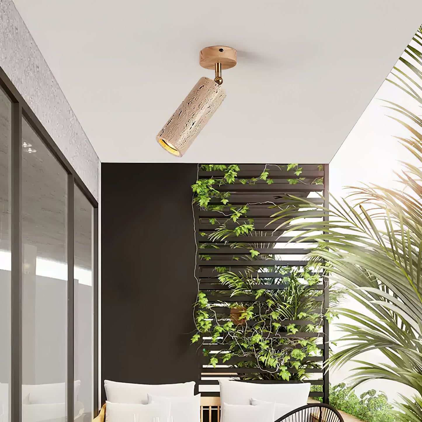 Solis Stone Spotlight | Yellow Travertine & Walnut Wood | Adjustable Ceiling Light