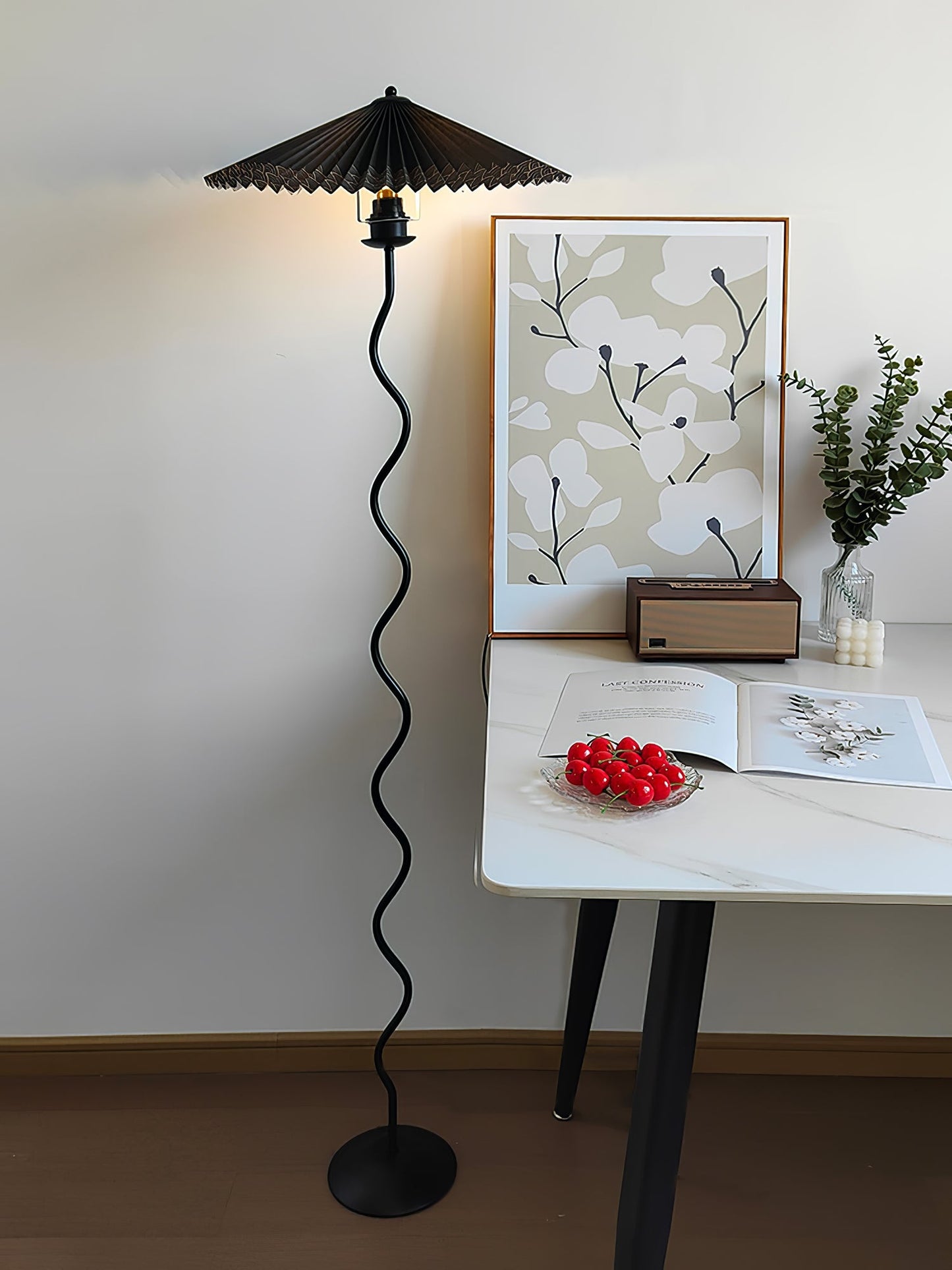 Squiggle Floor Lamp | Black Metal & White Fabric Shade | 150cm