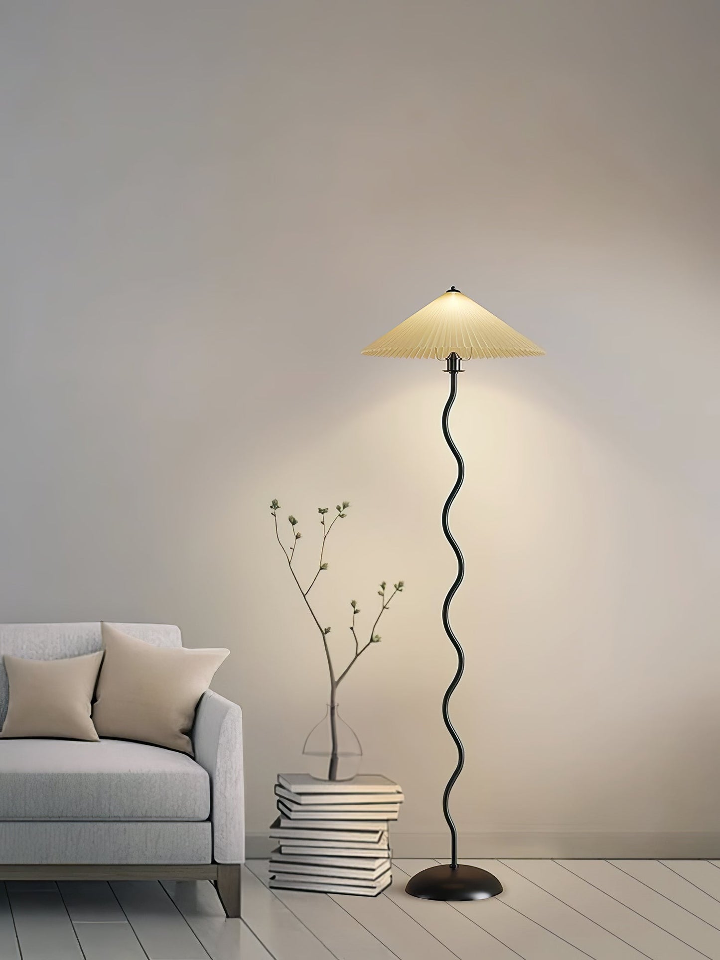 Squiggle Floor Lamp | Black Metal & White Fabric Shade | 150cm