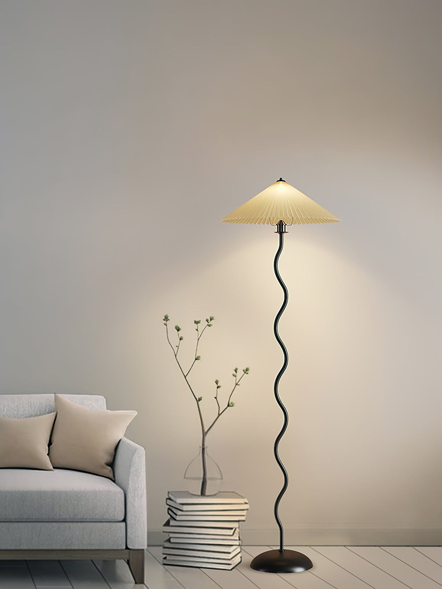 Squiggle Floor Lamp | Black Metal & White Fabric Shade | 150cm