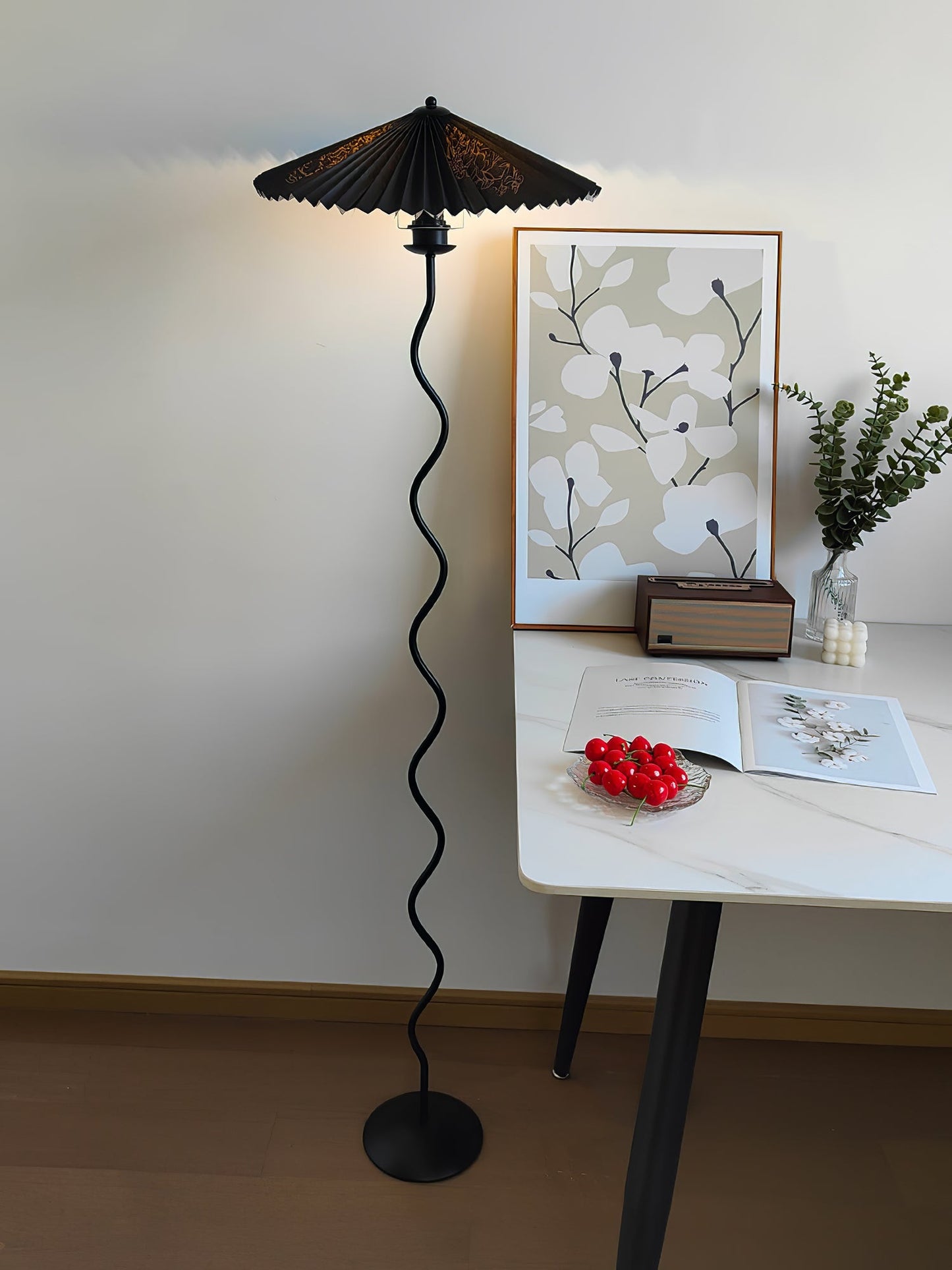 Squiggle Floor Lamp | Black Metal & White Fabric Shade | 150cm