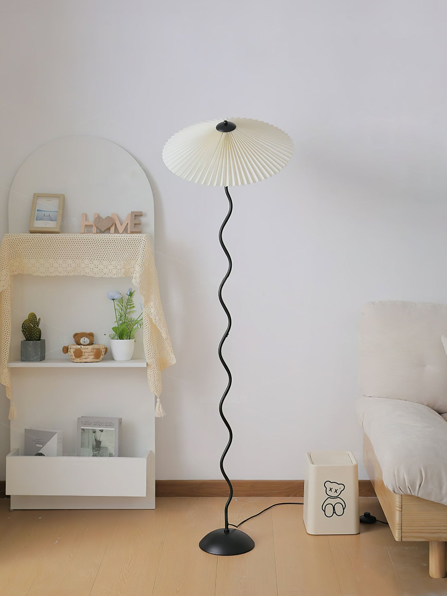 Squiggle Floor Lamp | Black Metal & White Fabric Shade | 150cm