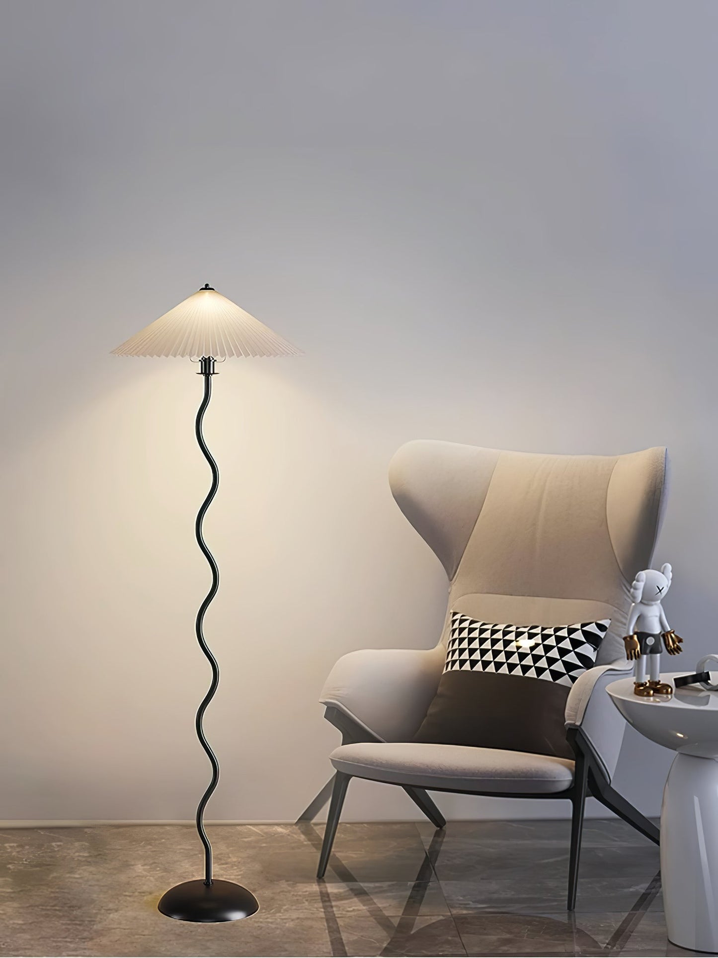 Squiggle Floor Lamp | Black Metal & White Fabric Shade | 150cm