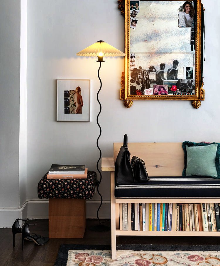 Squiggle Floor Lamp | Black Metal & White Fabric Shade | 150cm