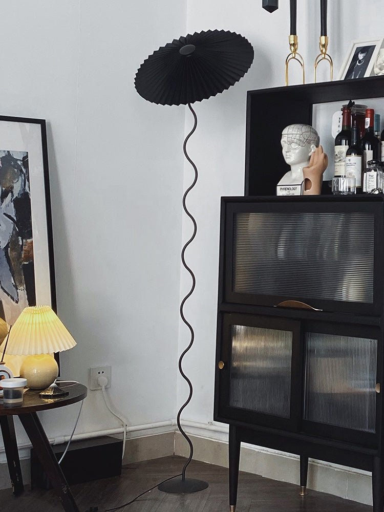 Squiggle Floor Lamp | Black Metal & White Fabric Shade | 150cm
