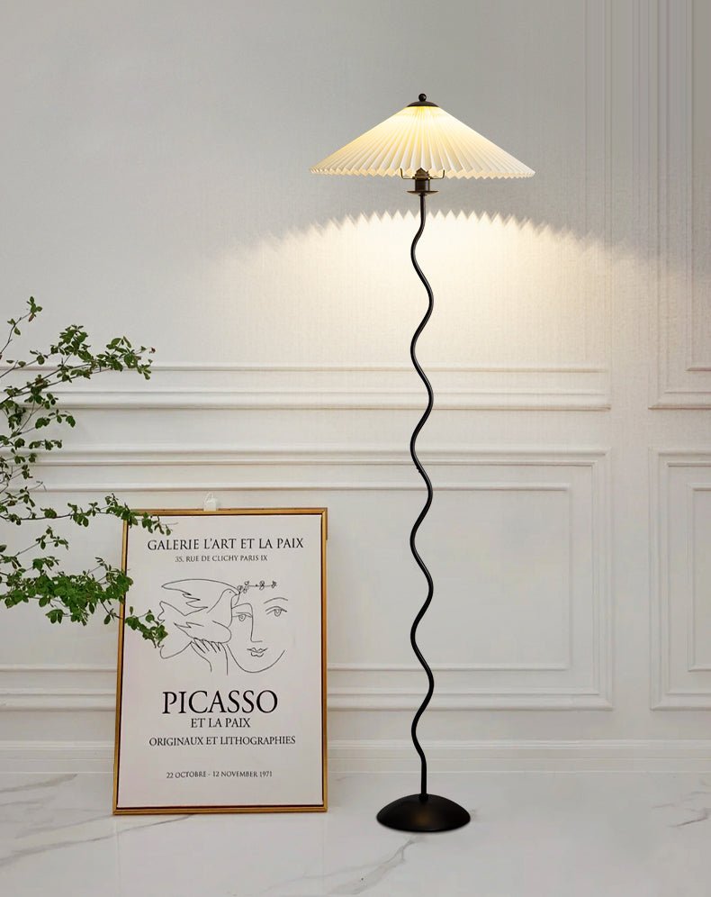 Squiggle Floor Lamp | Black Metal & White Fabric Shade | 150cm