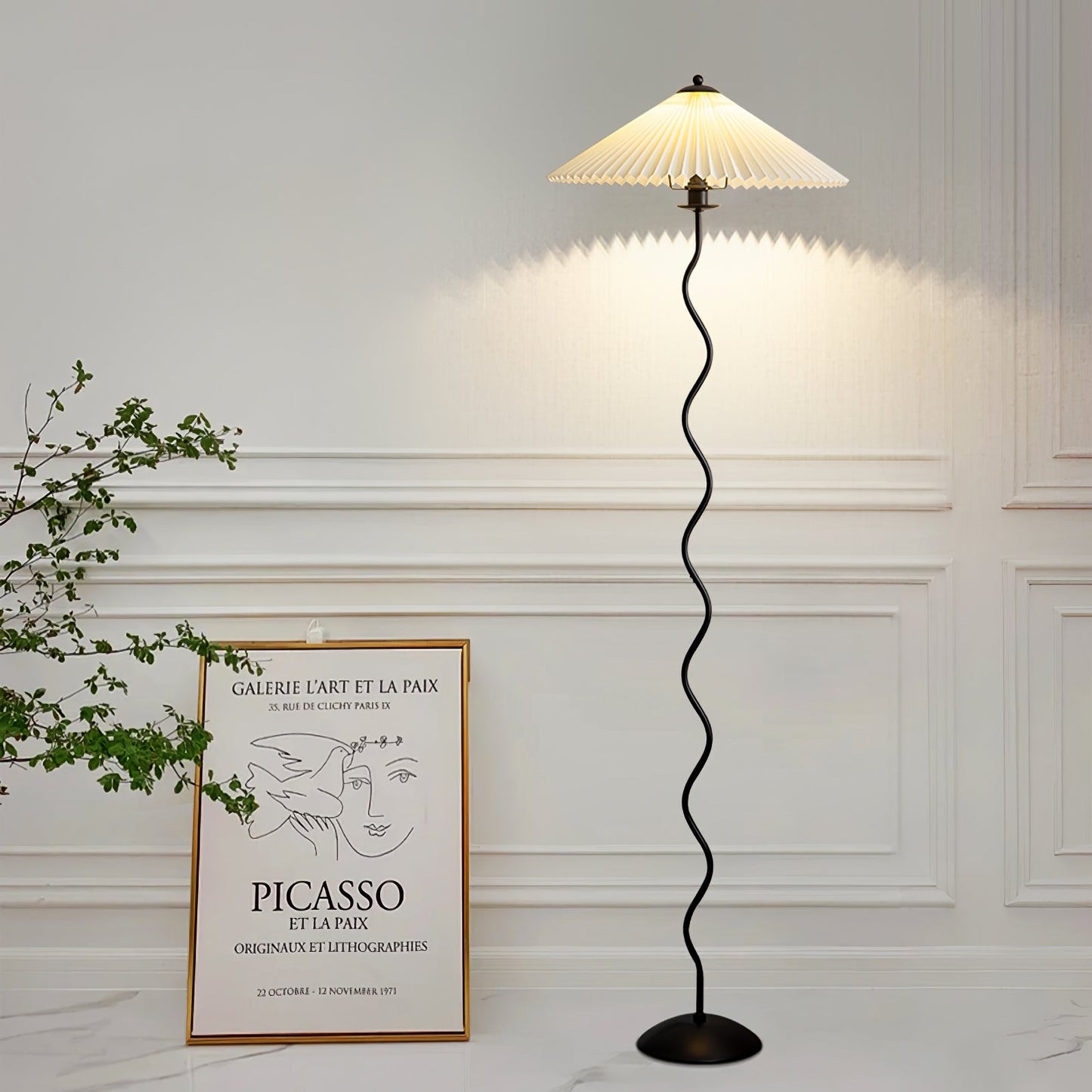 Squiggle Floor Lamp | Black Metal & White Fabric Shade | 150cm
