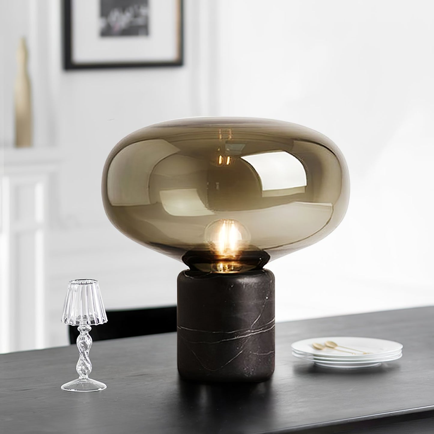 Sylvaine Table Lamp | Frosted Glass & Black Marble | 23cm or 32cm