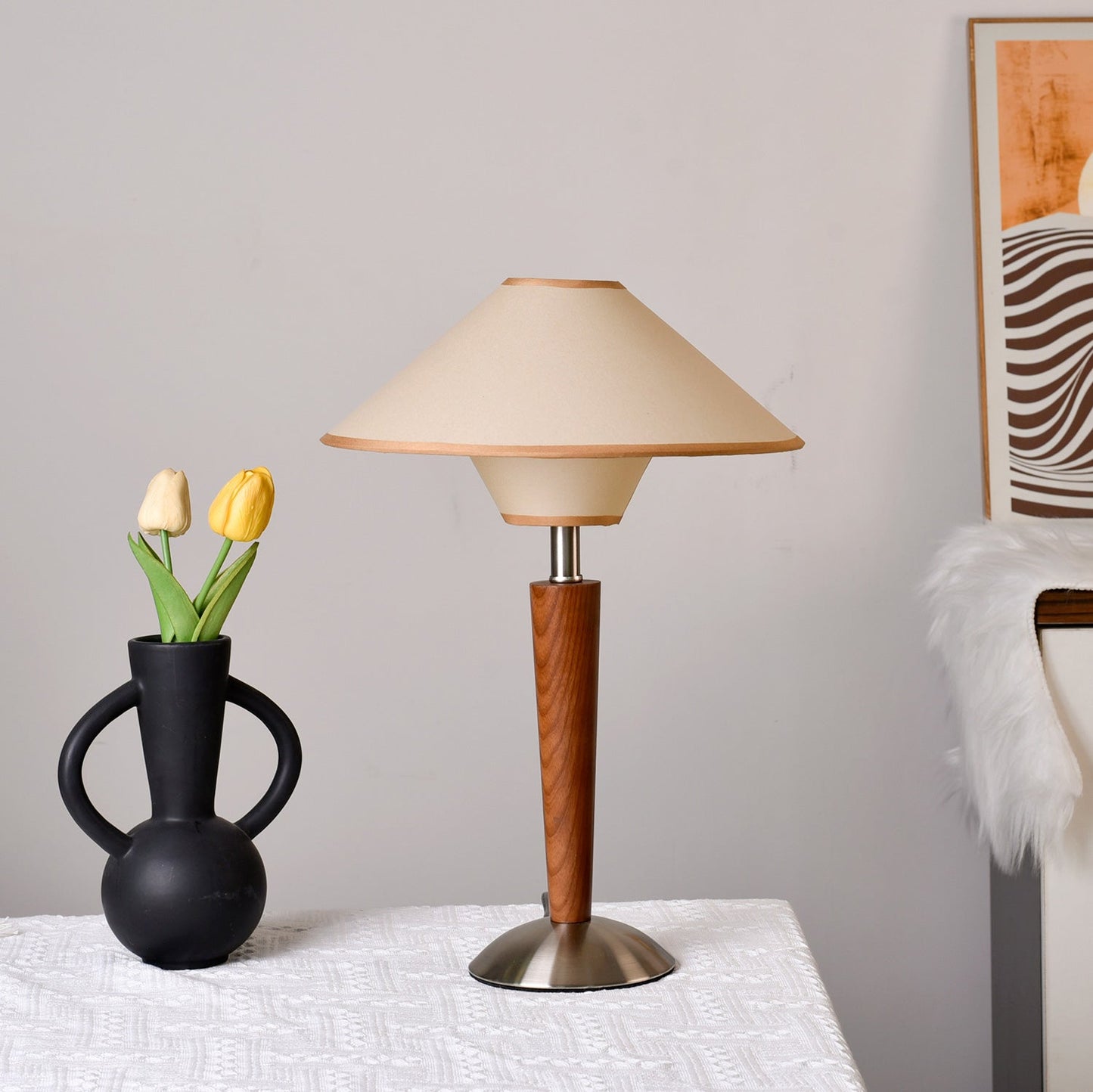 Talonwood Table Lamp | Walnut Wood & Fabric Shade | 30cm Diameter