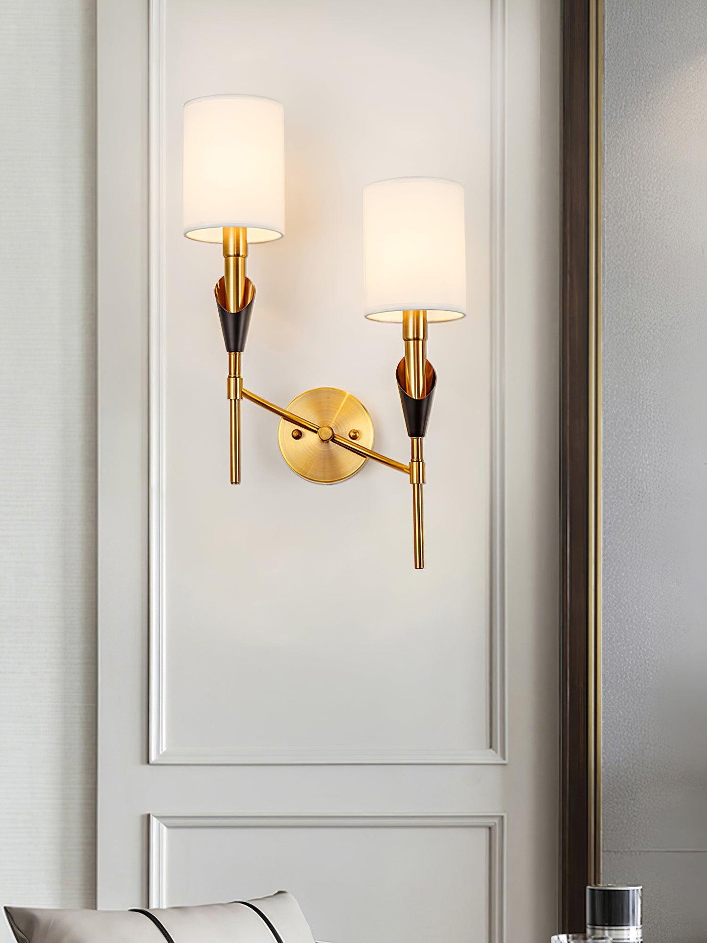 Tate Wall Lamp Set | Metal & Fabric | Gold & White