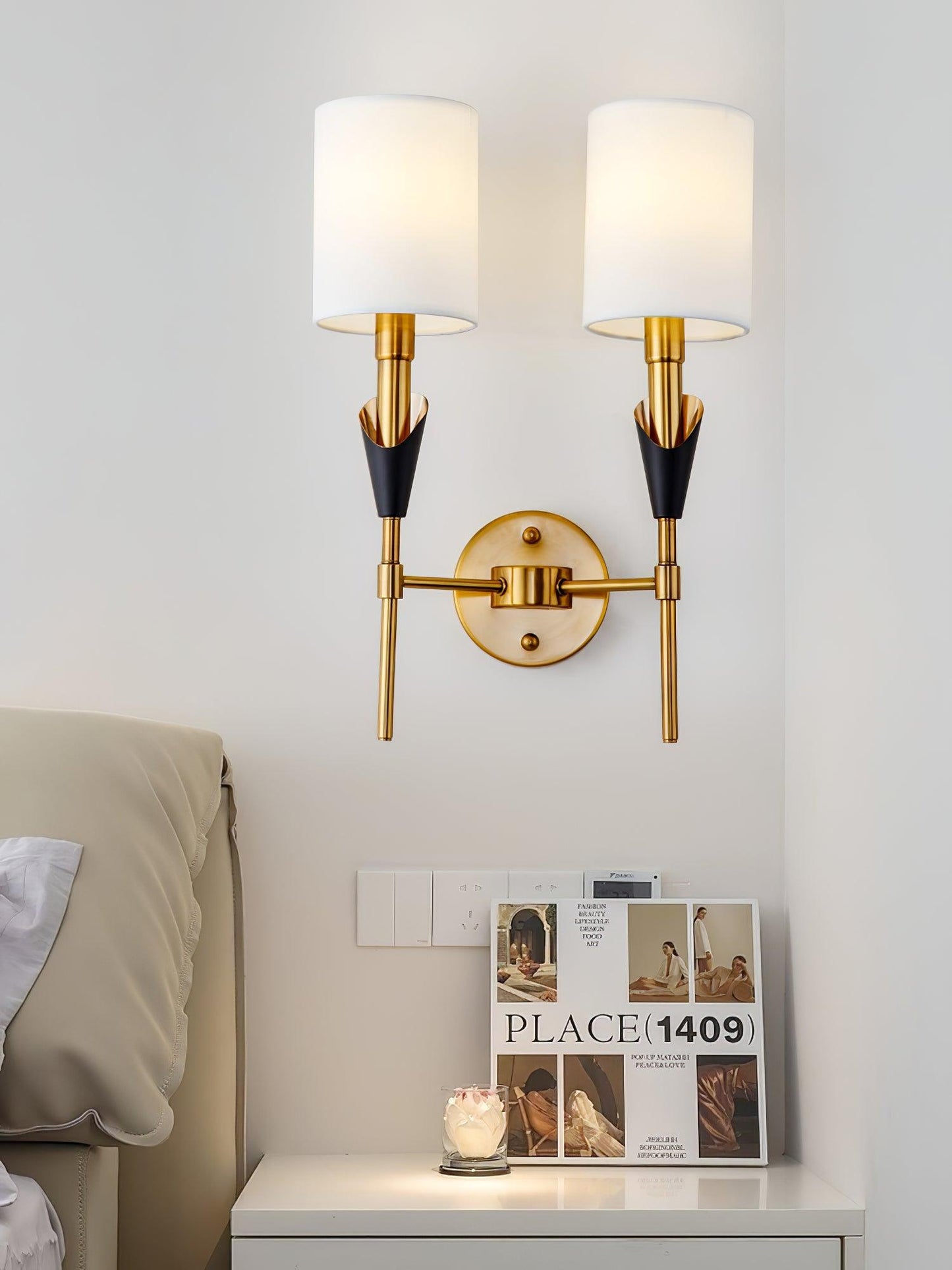 Tate Wall Lamp Set | Metal & Fabric | Gold & White