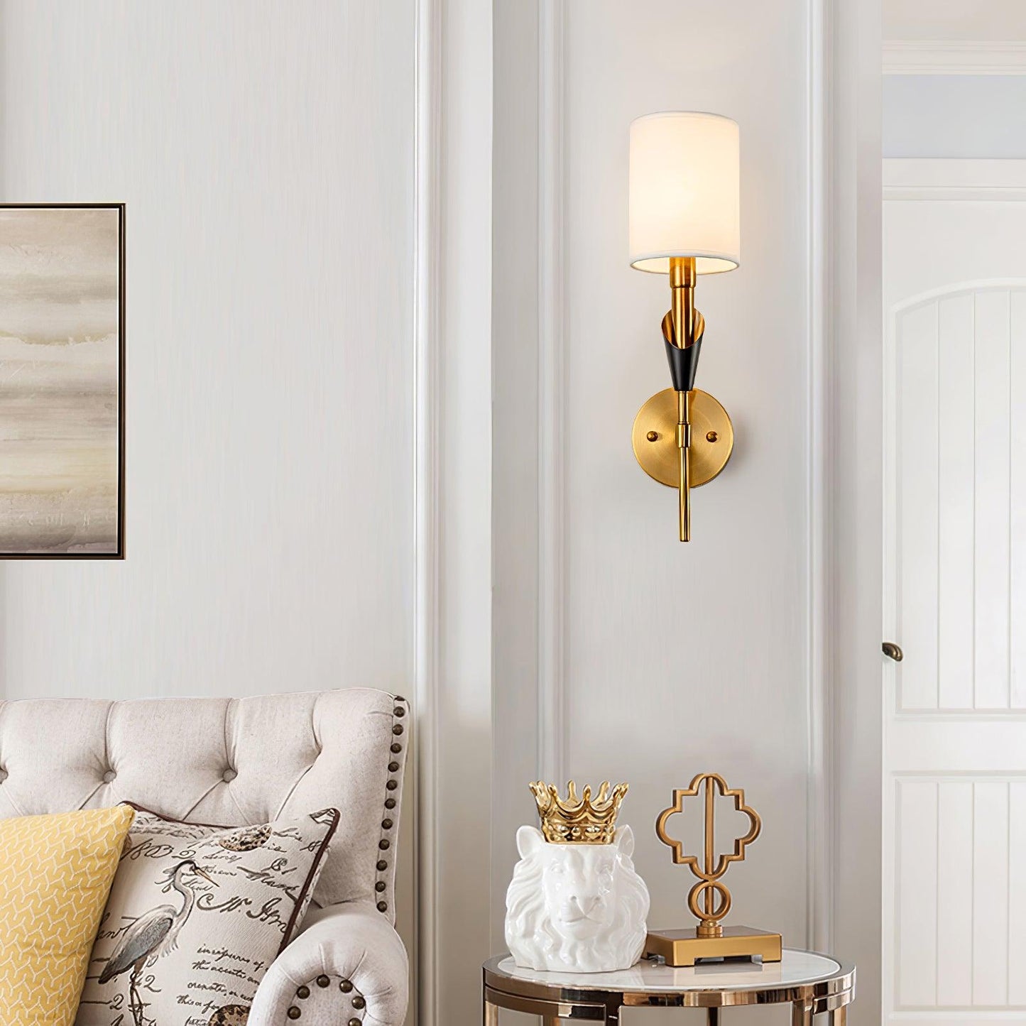 Tate Wall Lamp Set | Metal & Fabric | Gold & White