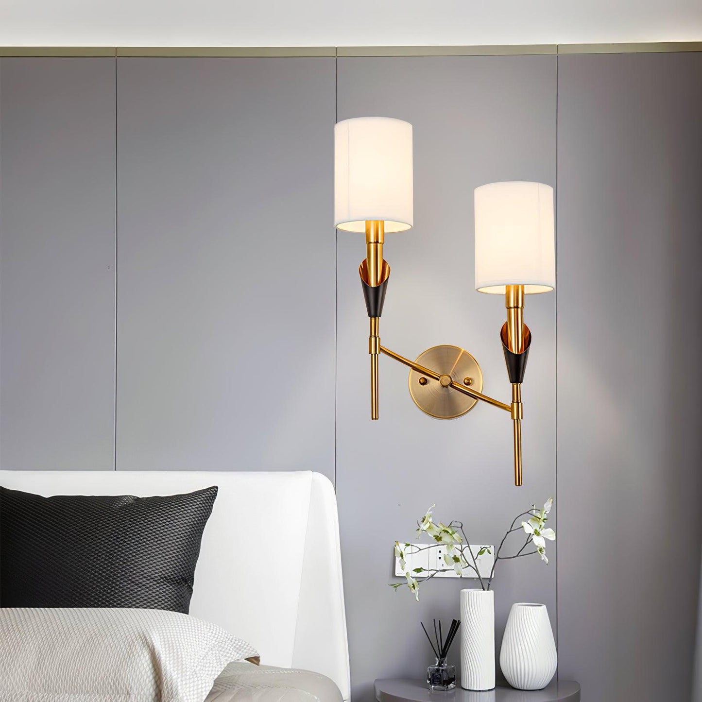 Tate Wall Lamp Set | Metal & Fabric | Gold & White