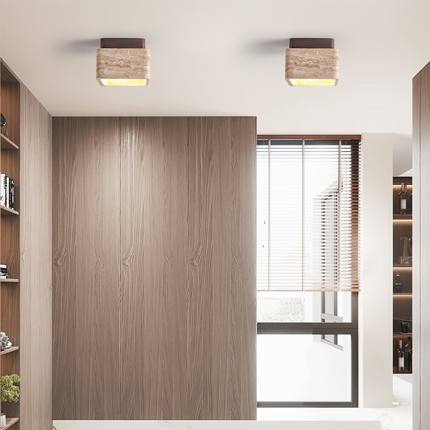 Terra Block Ceiling Light | Yellow Travertine & Walnut Wood | 12cm x 12cm x 9cm