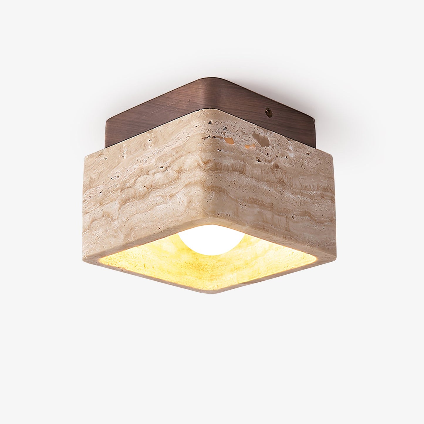 Terra Block Ceiling Light | Yellow Travertine & Walnut Wood | 12cm x 12cm x 9cm