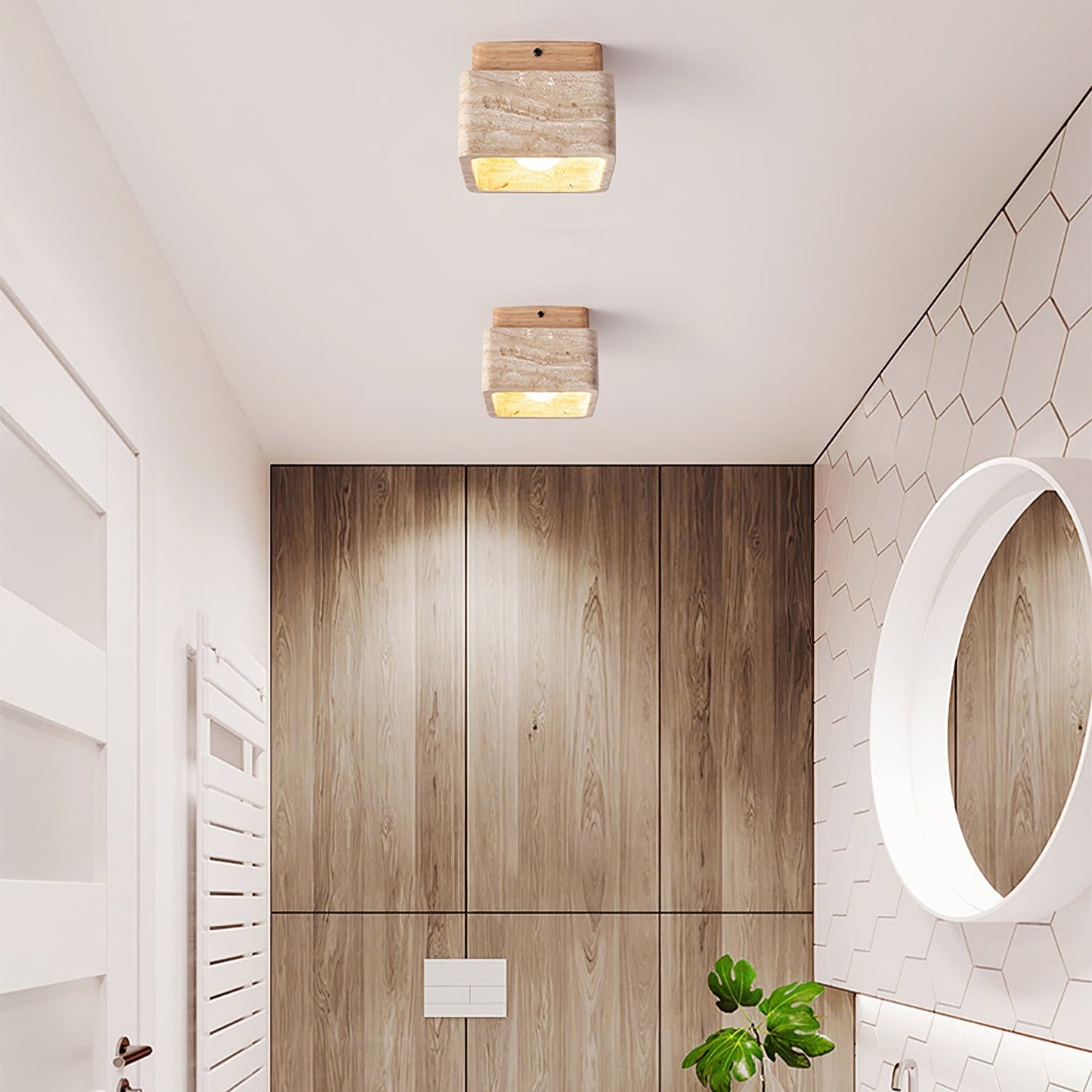 Terra Block Ceiling Light | Yellow Travertine & Walnut Wood | 12cm x 12cm x 9cm